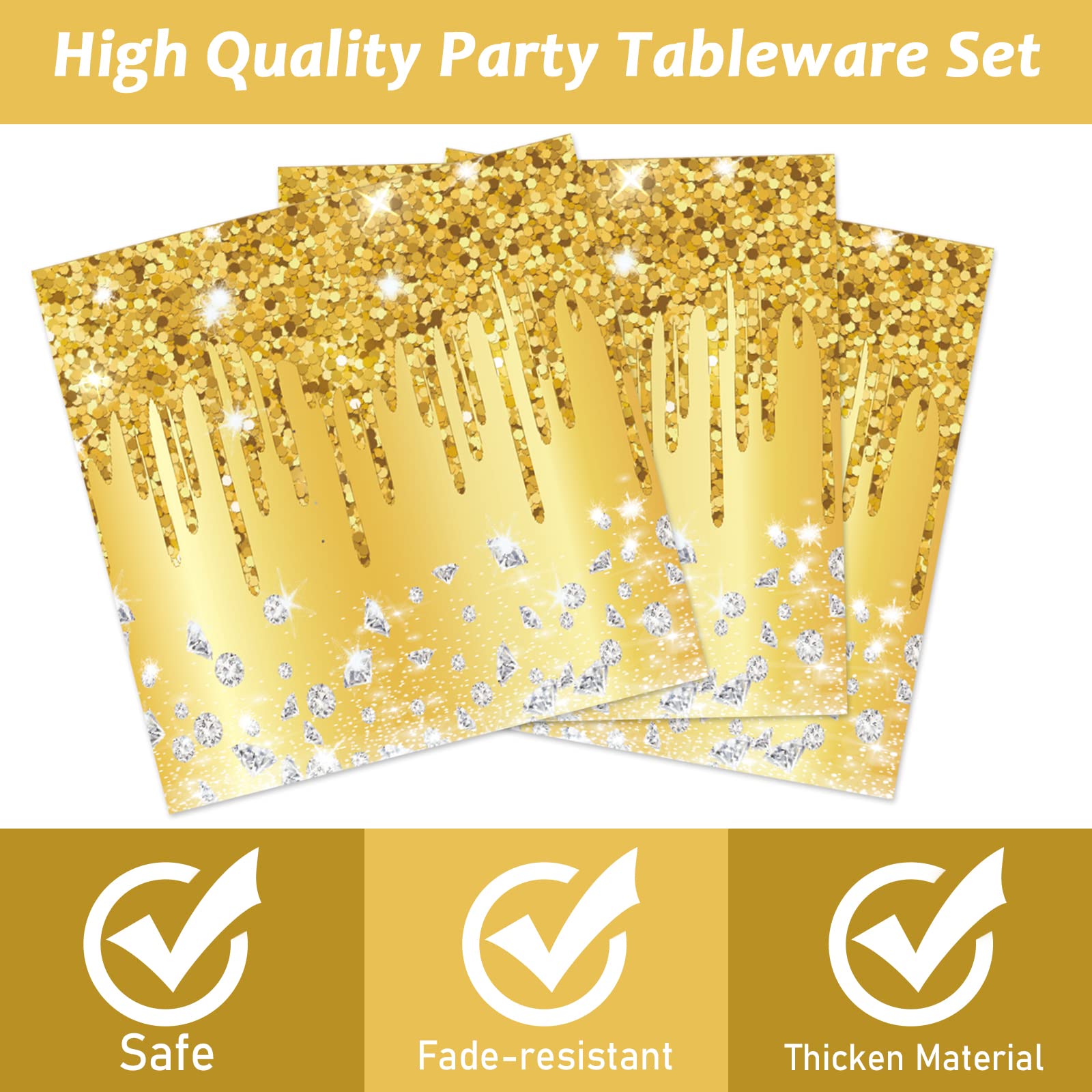 96 Pcs Gold Birthday Tableware Set For Golden Themed Happy Birthday Party Supplies Golden Diamond Dinner Plates Gold Napkins For