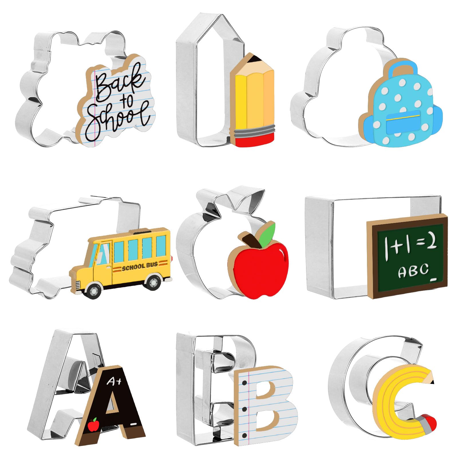 Jarthenaamcs 9Pcs Back To School Cookie Cutter Apple Pencil School Bus Alphabet Abc Shape Cookie Cutting Molds Biscuit Cutters F
