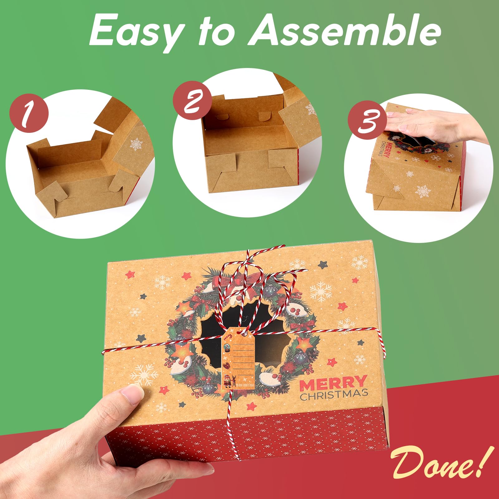 12Pcs Christmas Cookie Boxes with Window for Gift Giving, Kraft Bakery Gift Wrapping Boxes with Cards and Jute Rope, Holiday Tre