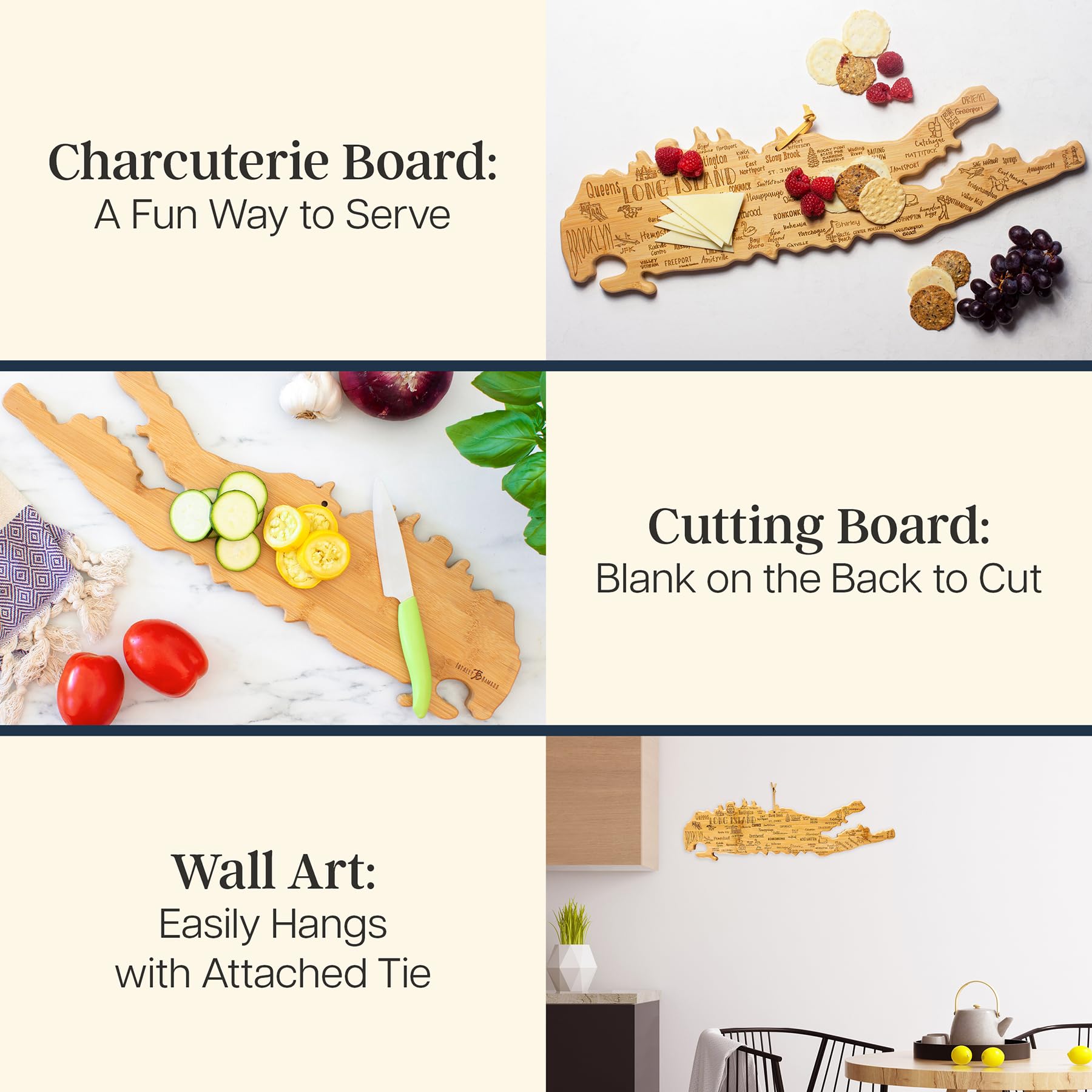 Totally Bamboo Destination Long Island Shaped Cutting Board, Charcuterie and Cheese Serving Board - Long Island Gift for Home D