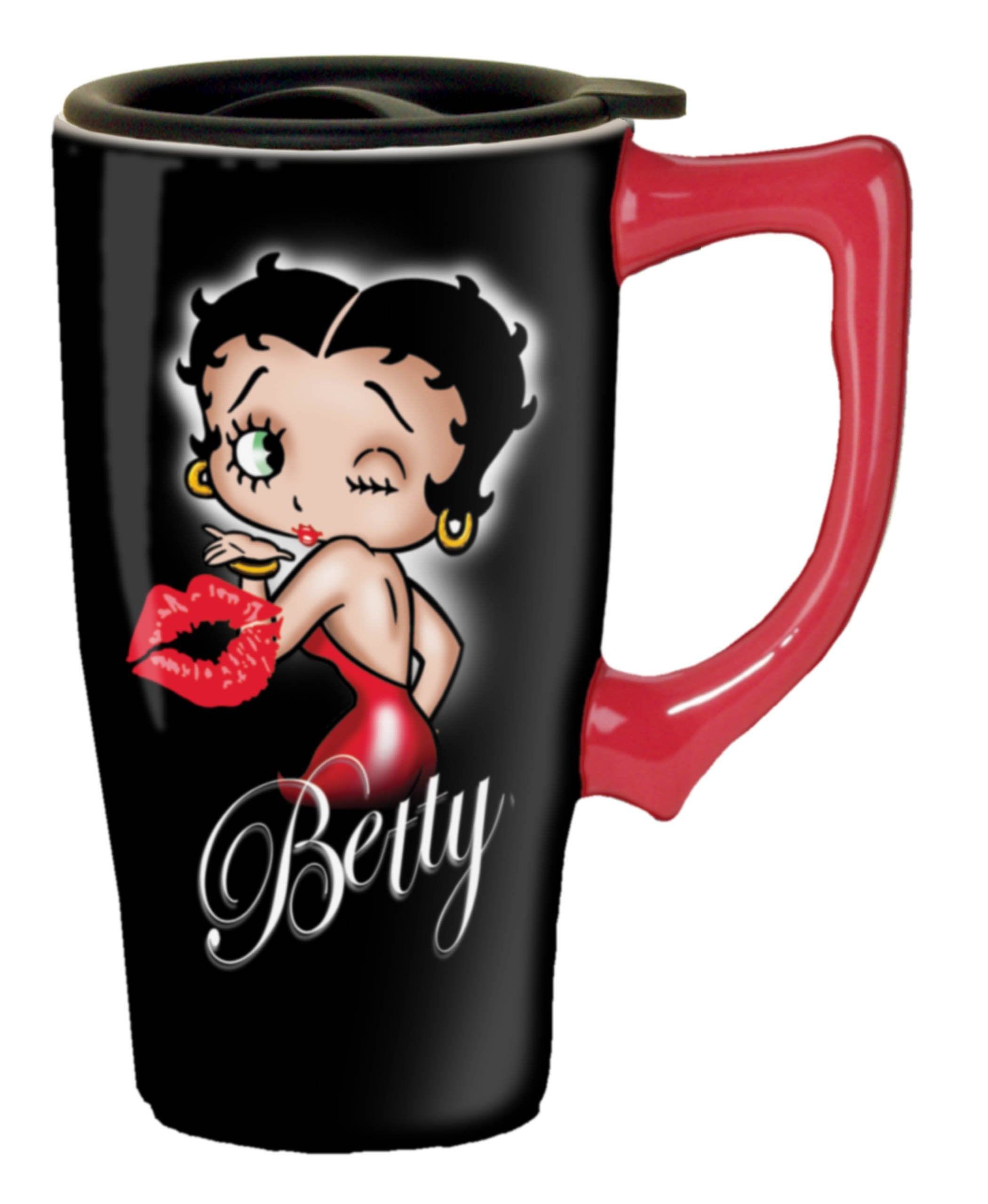 Spoontiques - Insulated Travel Mug - Betty Boop Hearts Ceramic Coffee Cup - Coffee Lovers Gift - Funny Coffee Mug - 15 oz - Blac