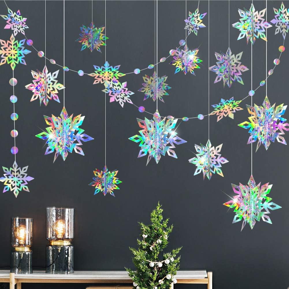 3D Iridescent Snowflake Decorations Holographic Snow Flakes Garland Winter Wonderland Frozen Theme Party Hanging Streamer Backdr