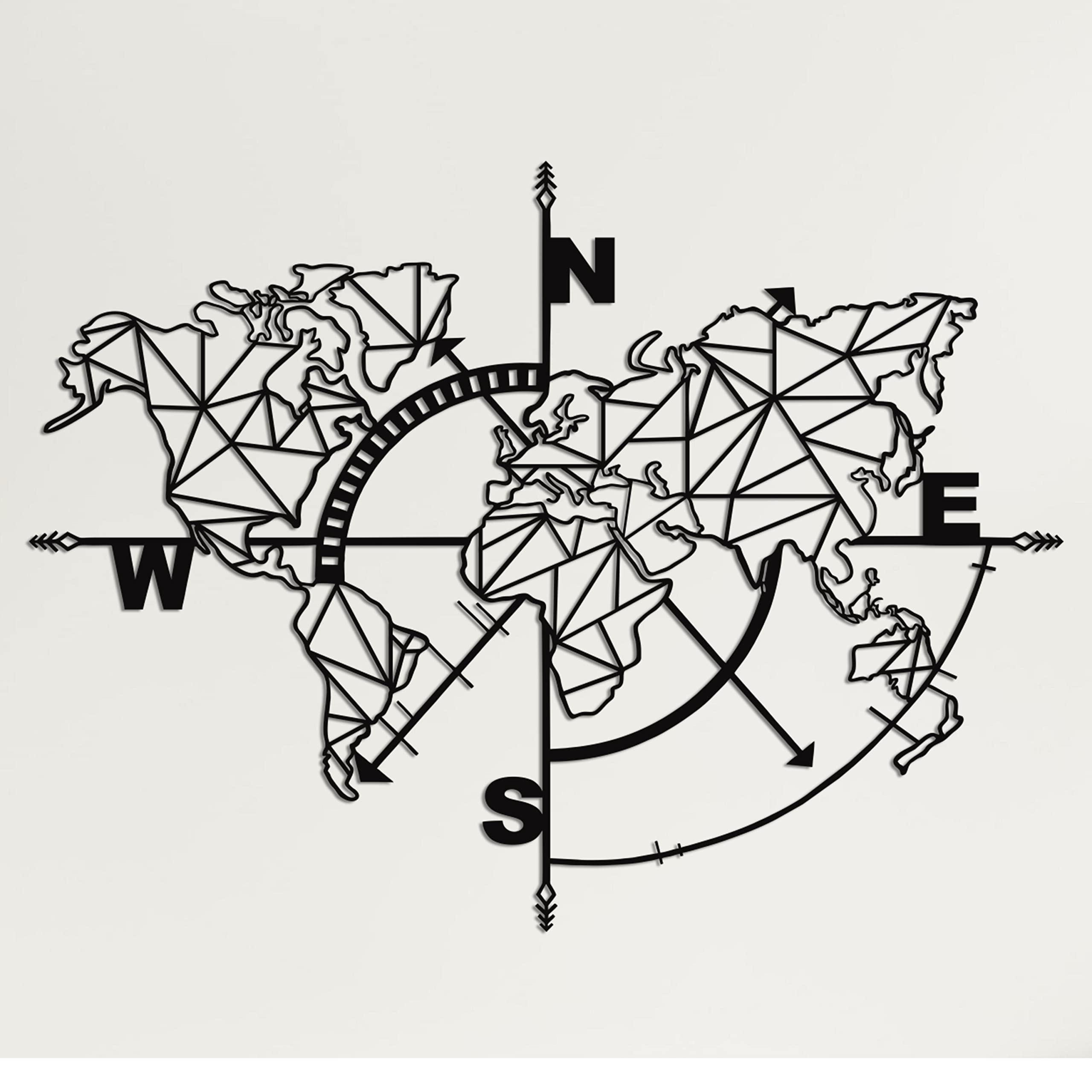 DEKADRON Metal World Map Wall Art Geometric Compass, Metal Wall Decor Art Work, Metal Sign, Metal Wall Art, Metal Art, Wall Deco