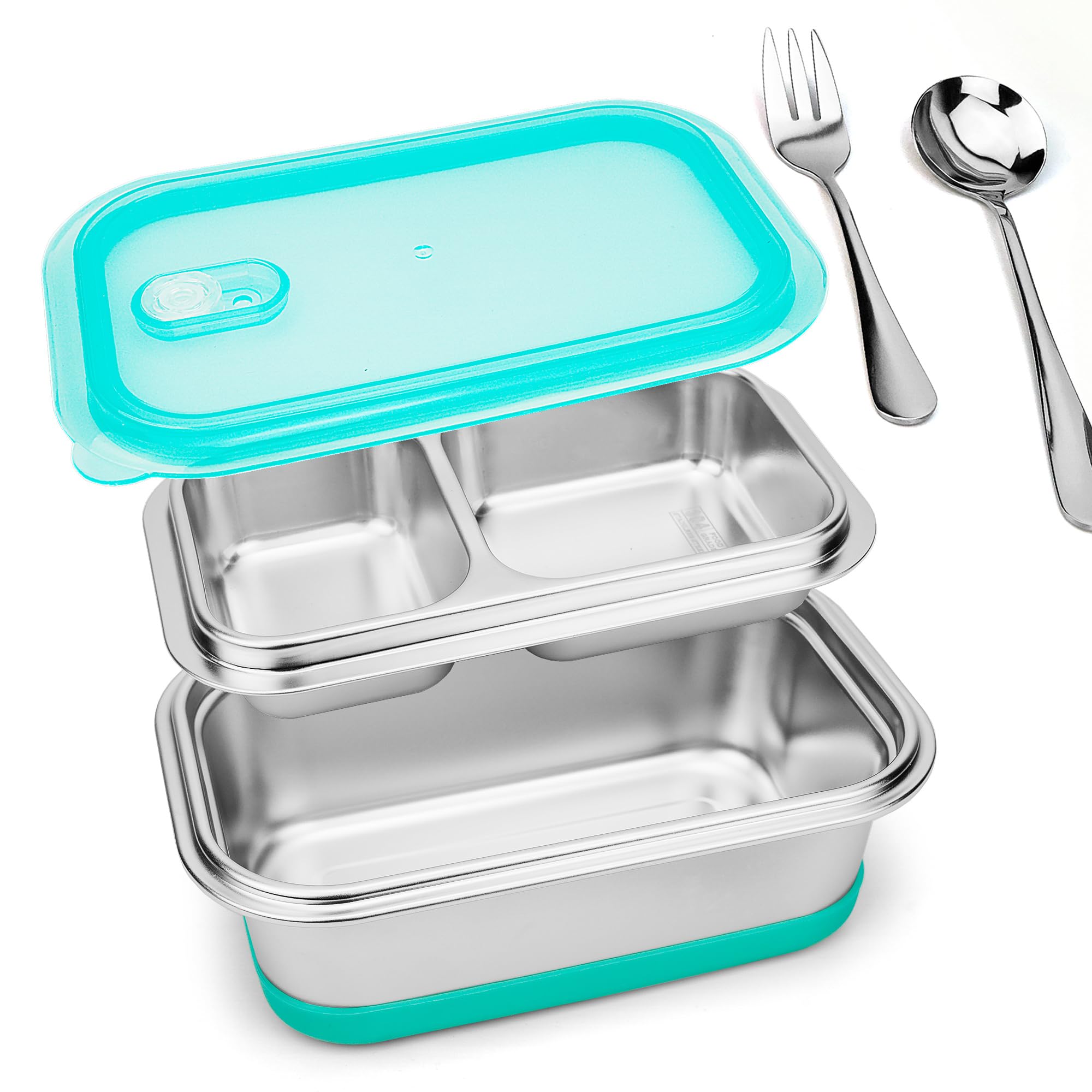 Lunbengo 1400Ml Stainless Steel Bento Lunch Box With Plastic Lids- Large Meal Prep Container With 500Ml Divided Compartments - P