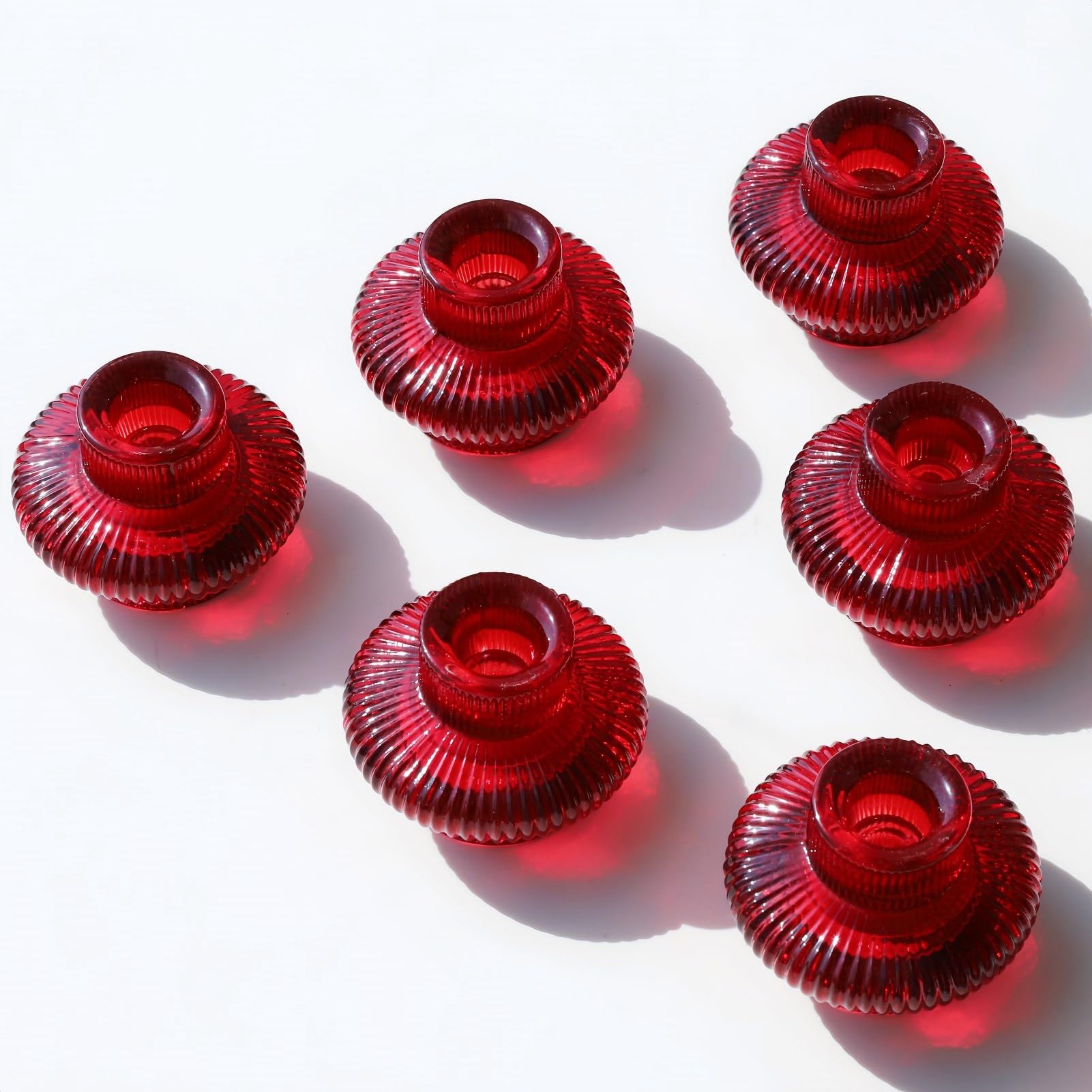 VOHO Vintage Red Candlestick Holders for Christmas Decorations, 6pcs Stackable Candle Stick Candle Holder for Valentines Day Dec