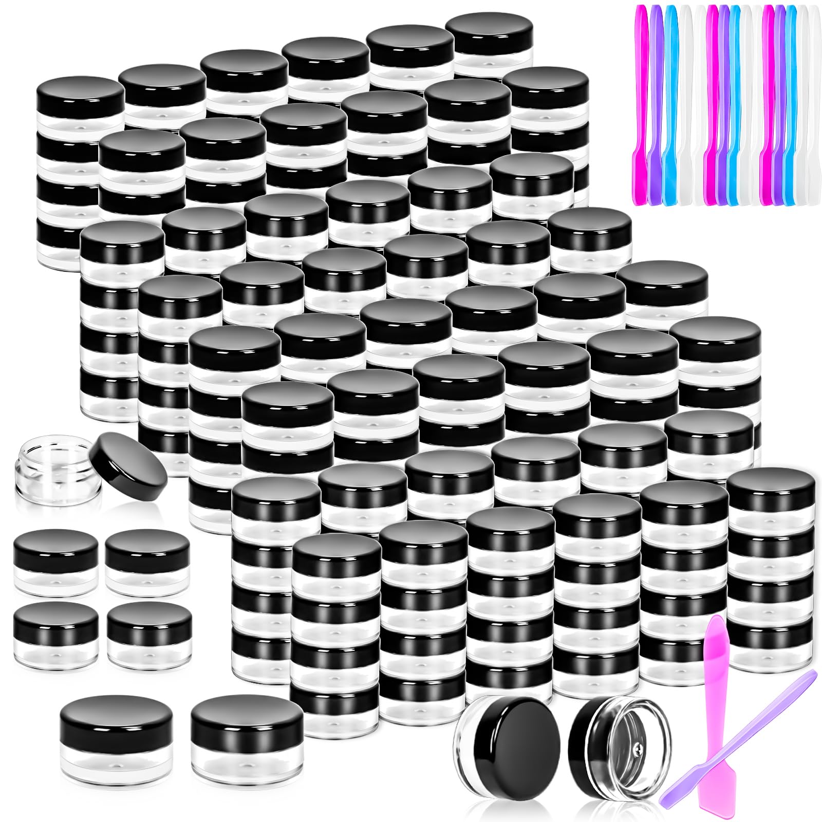 Motbach 100 Pcs Makeup Travel Containers With Lids, 3/5/ Gram Empty Plastic Containers With Lids, Makeup Sample Containers Cosme