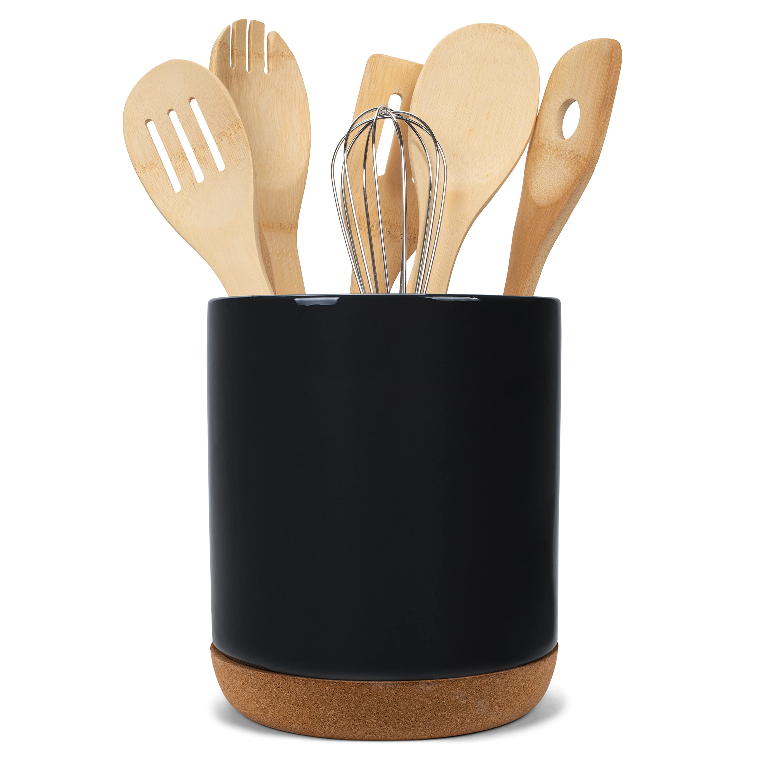 Elanze Designs Glossy X-Large Ceramic Stoneware Cork Bottom Kitchen Utensil Holder, Black