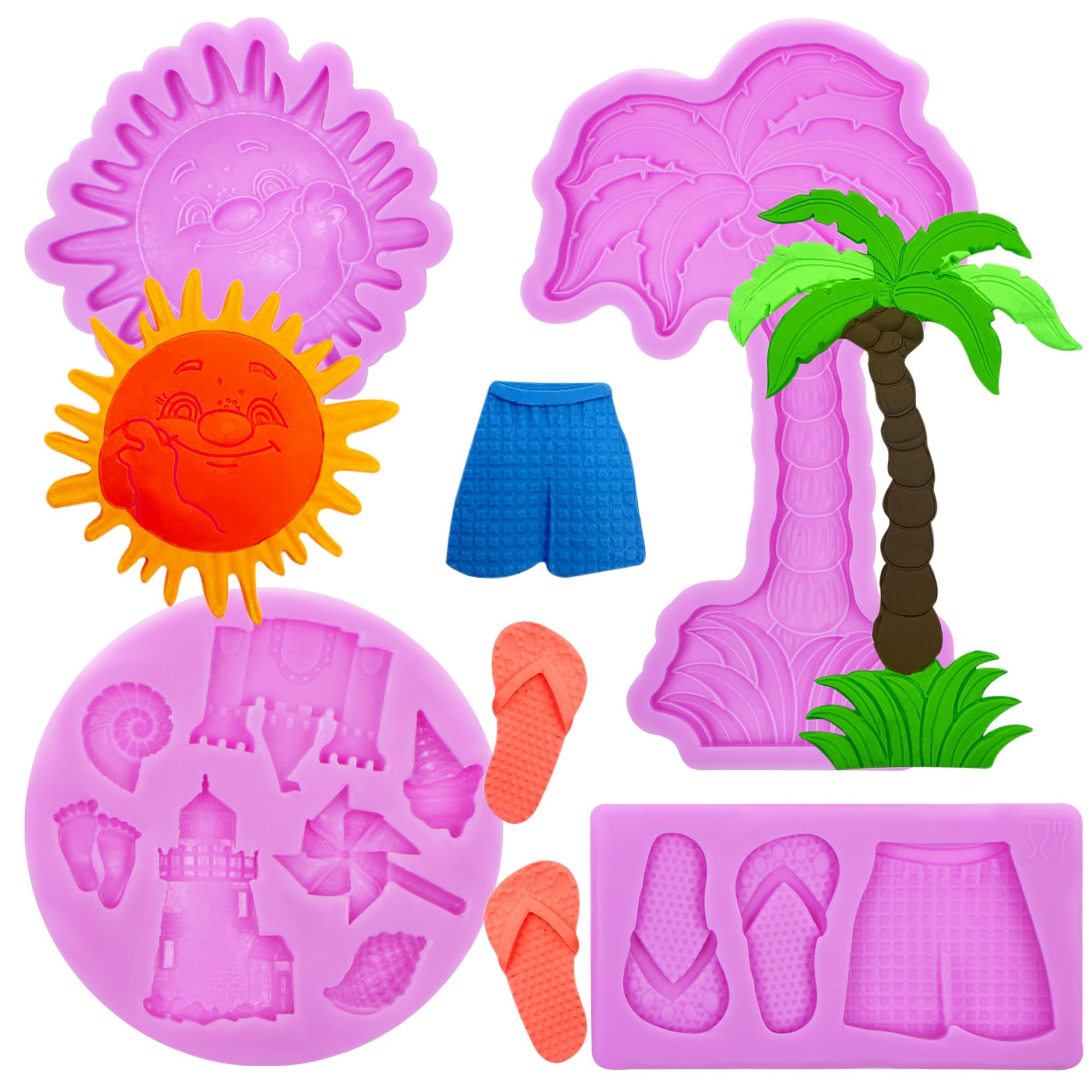 Sun Silicone Molds, Beach Theme With Tree Seashell Chocolate Molds For Cake Decoration, Cupcake Toppers, Soap Decor, Fondant Sug