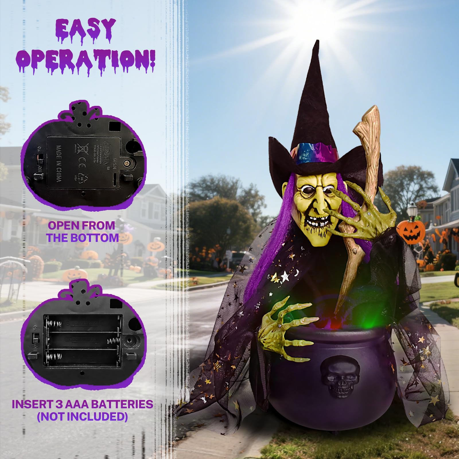 Halloween Decorations, 1.4 ft. Animated Witches with Light Cauldron Decoration, Touch and Sound Activated, Haunted House Witch P