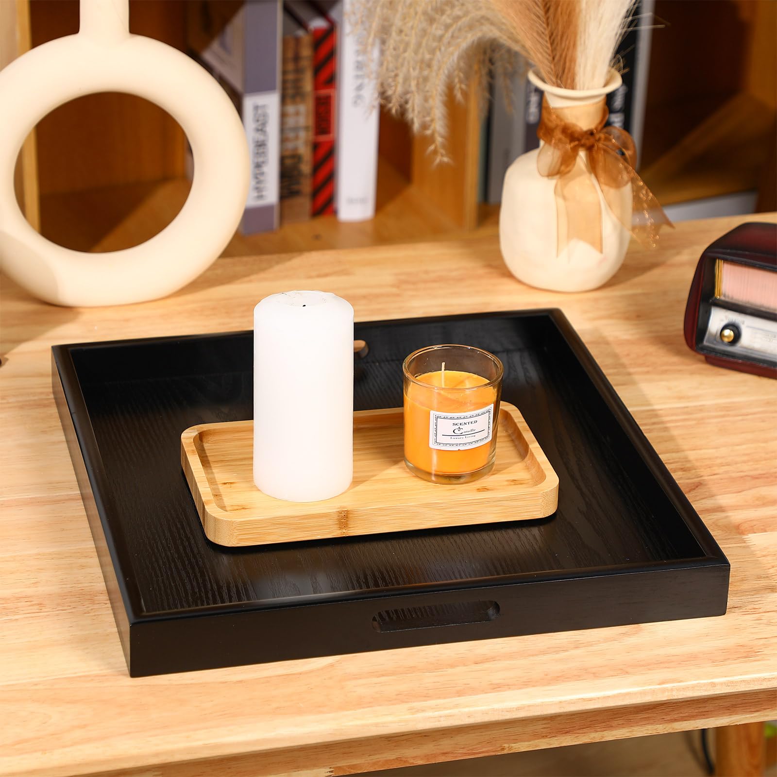 Mumufy 2 Pcs Square Large Ottoman Tray 16 X 16 Inch Extra Large Wood Serving Tray With Handle Black Ottoman Tray Ottoman Decorat