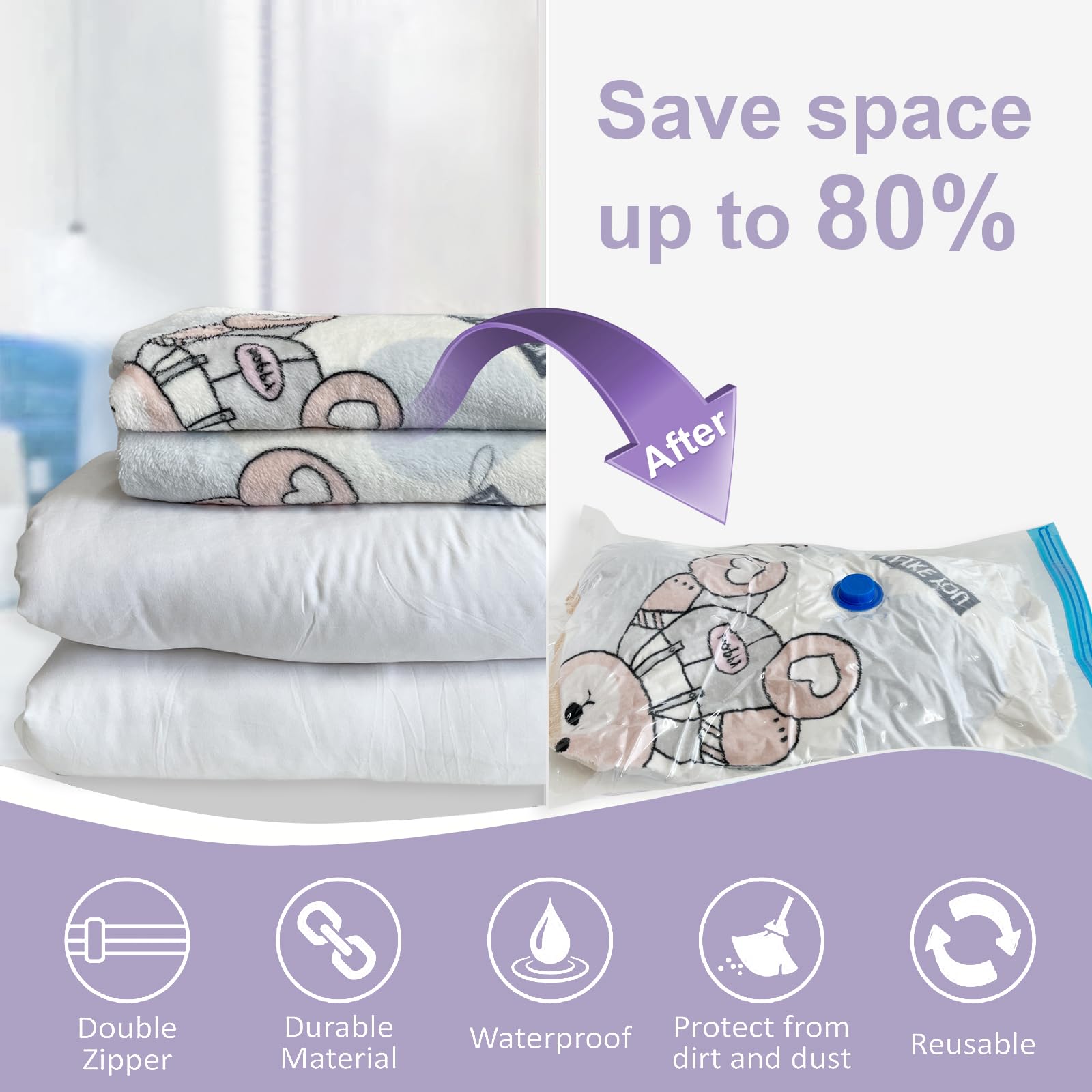 8 Pack Small Vacuum Storage Bags,Cindybear Space Saver Bags With Hand Pump,Vacuum Sealer Bags For Clothing,Comforters,Blankets,B