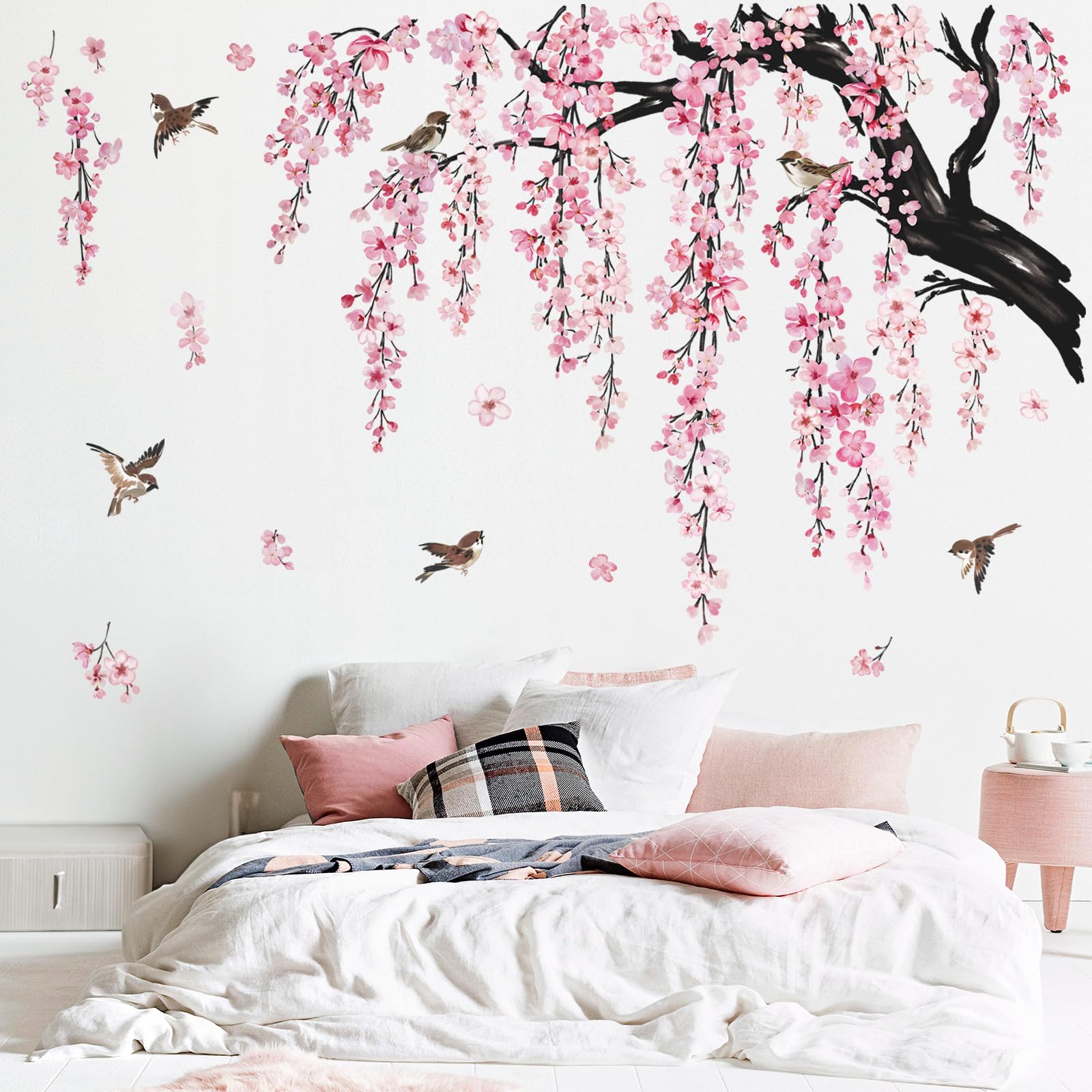 Wondever Large Flower Tree Branch Wall Stickers Pink Cherry Blossom Floral Birds Wall Art Decals For Living Room Bedroom Tv Wall
