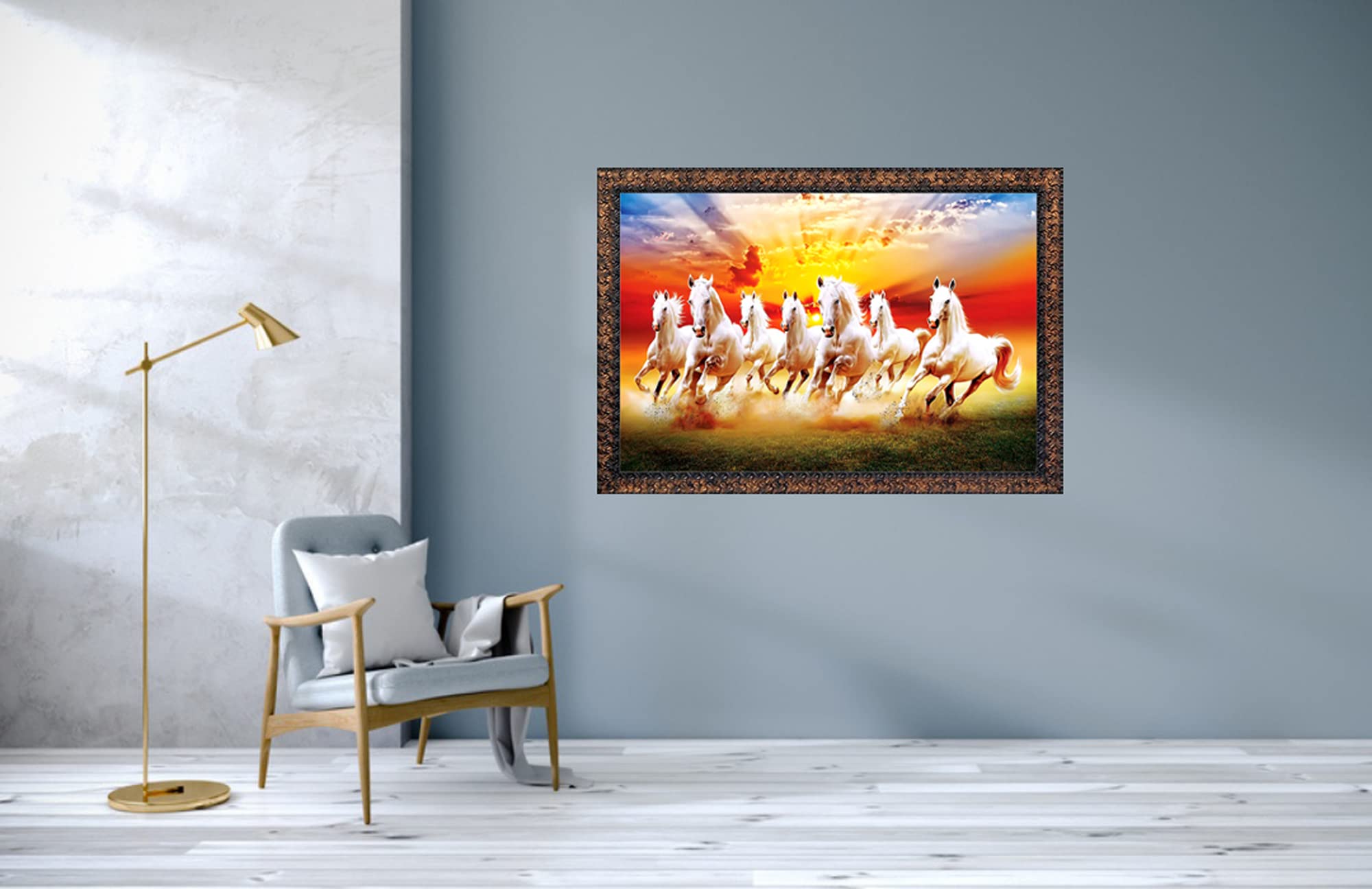 CN RETAILS Beautiful 7 Horse Vastu Wall Painting with Special Effects Sparkle Lamination wood art framed Painting for home dcor