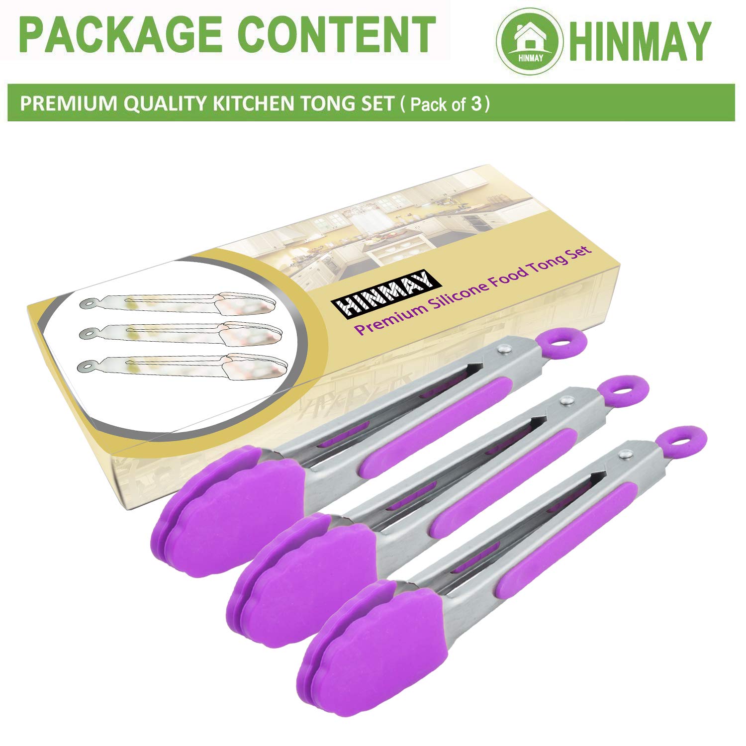 Hinmay Small Kitchen Tongs 7 Inch Mini Silicone Appetizers Tongs, Set Of 3 (Purple)