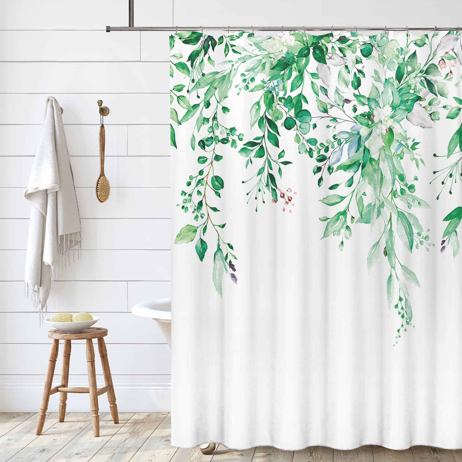 Tititex Emerald Green Eucalyptus Shower Curtain Sets, Watercolor Leaves On The Top Plant With Floral Bathroom Decoration 72X84 I