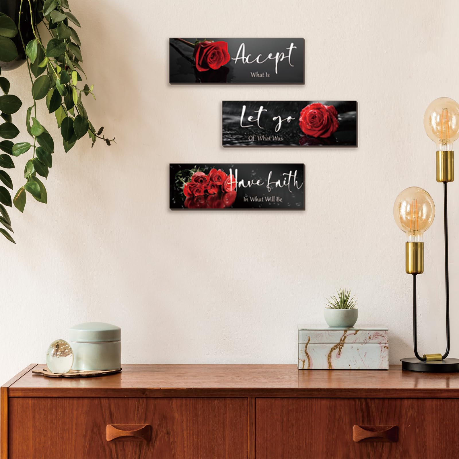 ZINYAZHE 3 Pcs Red Decor Flower Inspirational Wooden Wall Art Red Roses Office Wall Decor with Accept Let Go Have Faith Positive