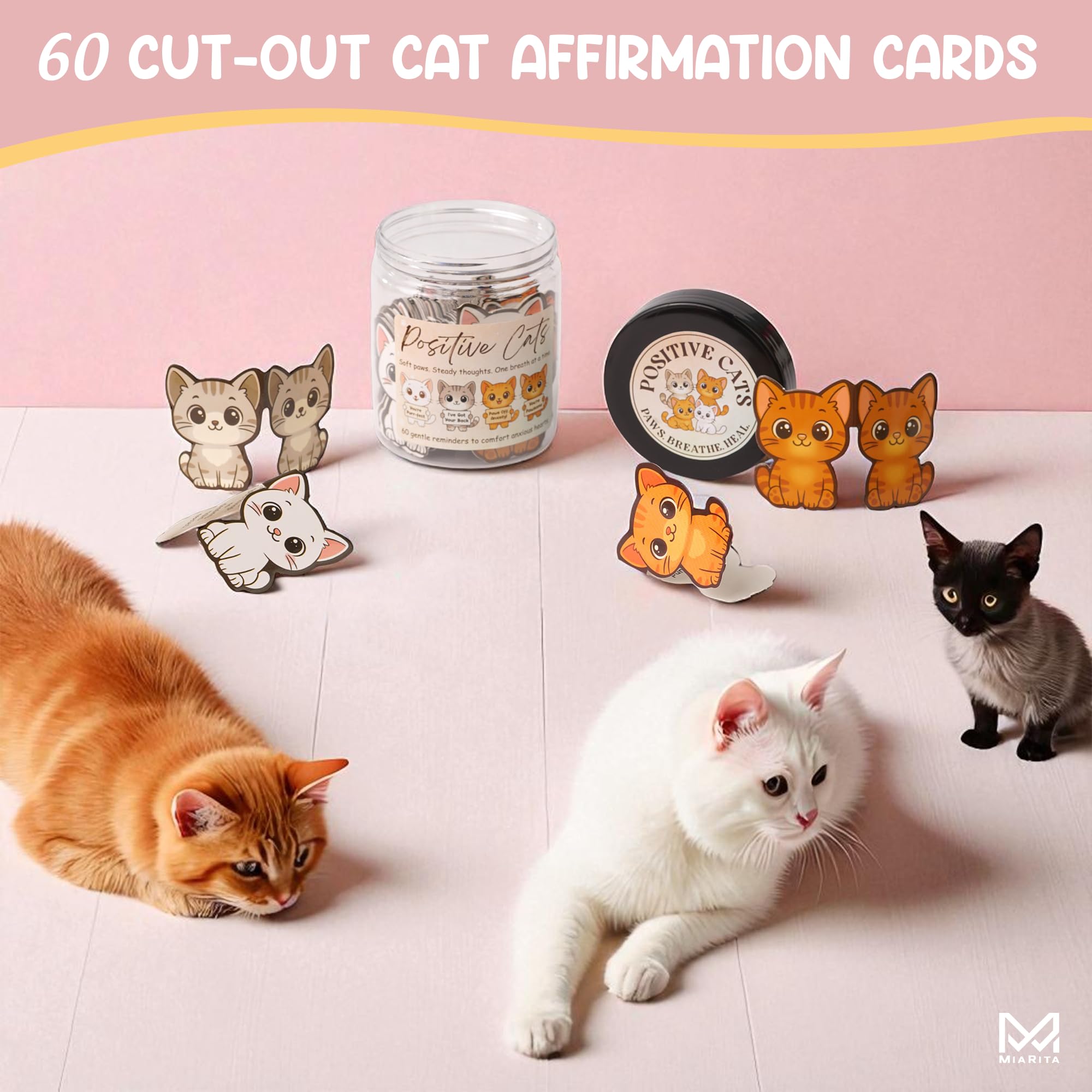 Miarita Positive Cats Jar - 60 Affirmation Cards for Anxiety & Self Care, Gifts For People With Anxiety, Cat Gifts for Women, Te