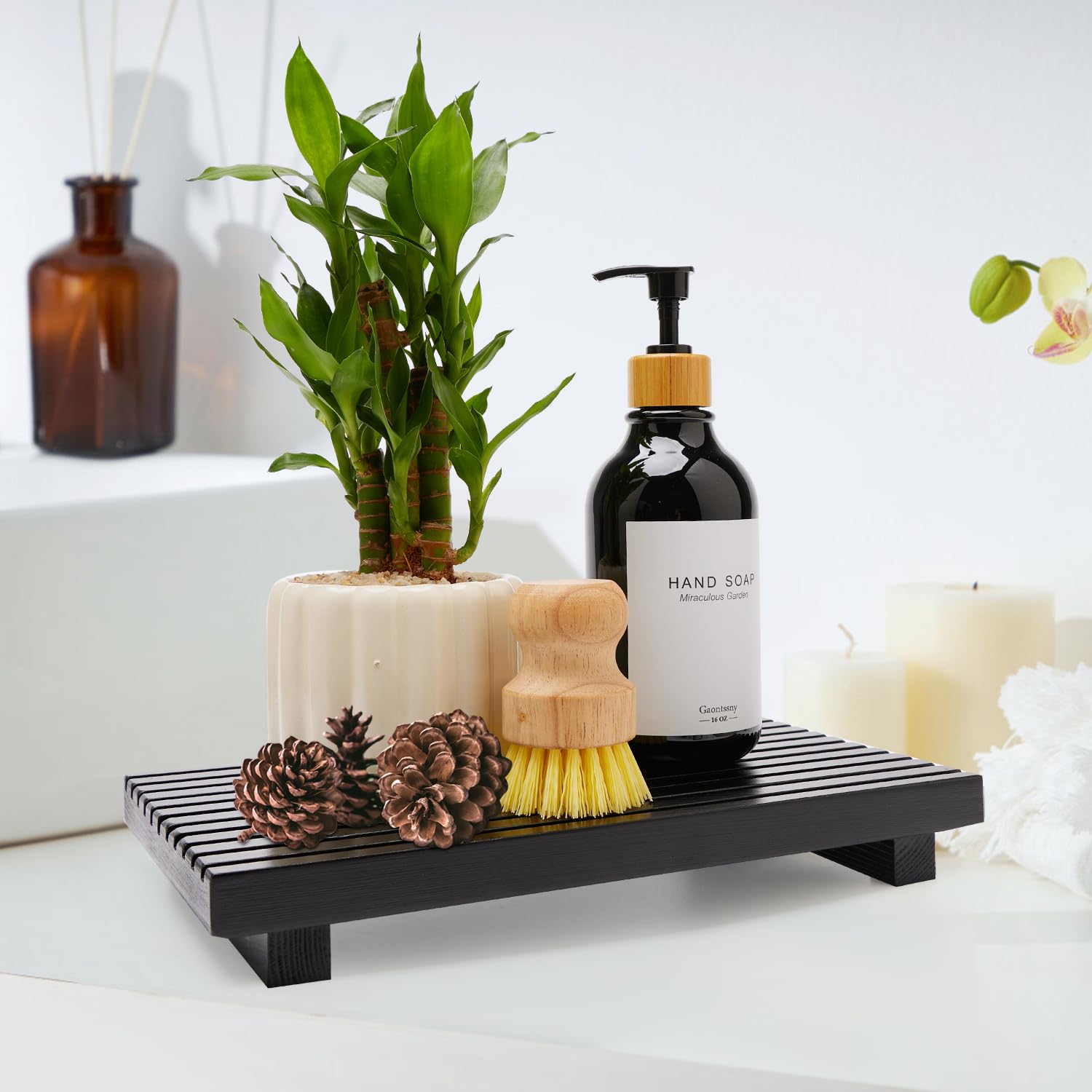 Renawe Black Bathroom Counter Tray Organizer Wood Riser Stand Kitchen Countertop Trays Wooden Pedesta Display Dish Soap Dispense