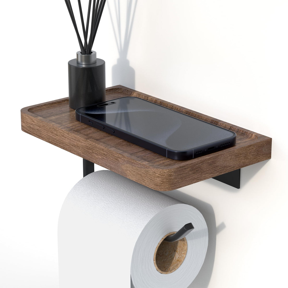 Iurrdop Toilet Paper Holder With Black Walnut Wood Shelf, Wall Mounted & Adhesive Mounted Wooden Shelf For Hanging Roll Tissue,