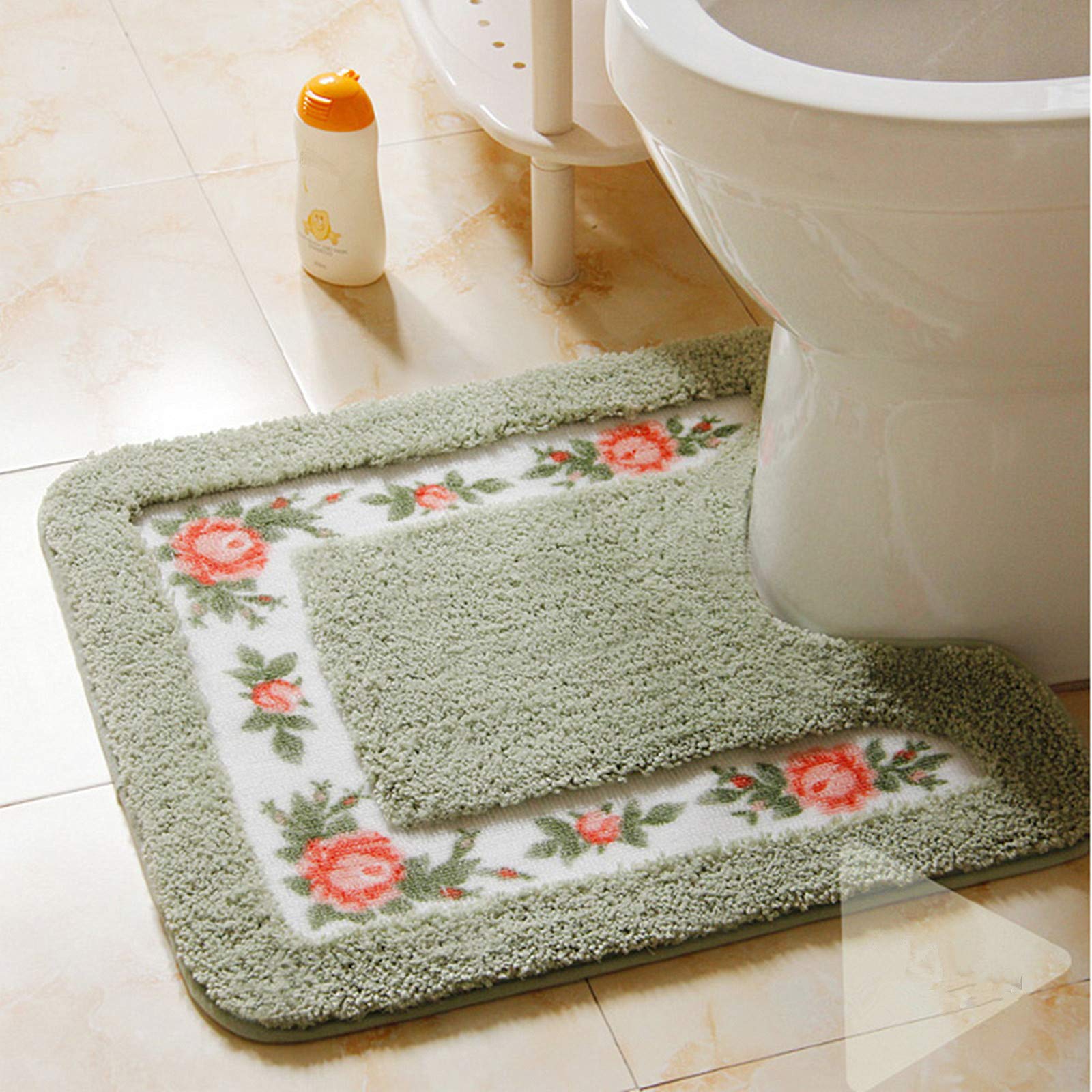 Ukeler Luxurious Soft Floral Non-Slip Toilet Contour Rug, Contour Bath Rug, Soft Shaggy U-Shaped Toilet Floor Mat For Bathroom 2