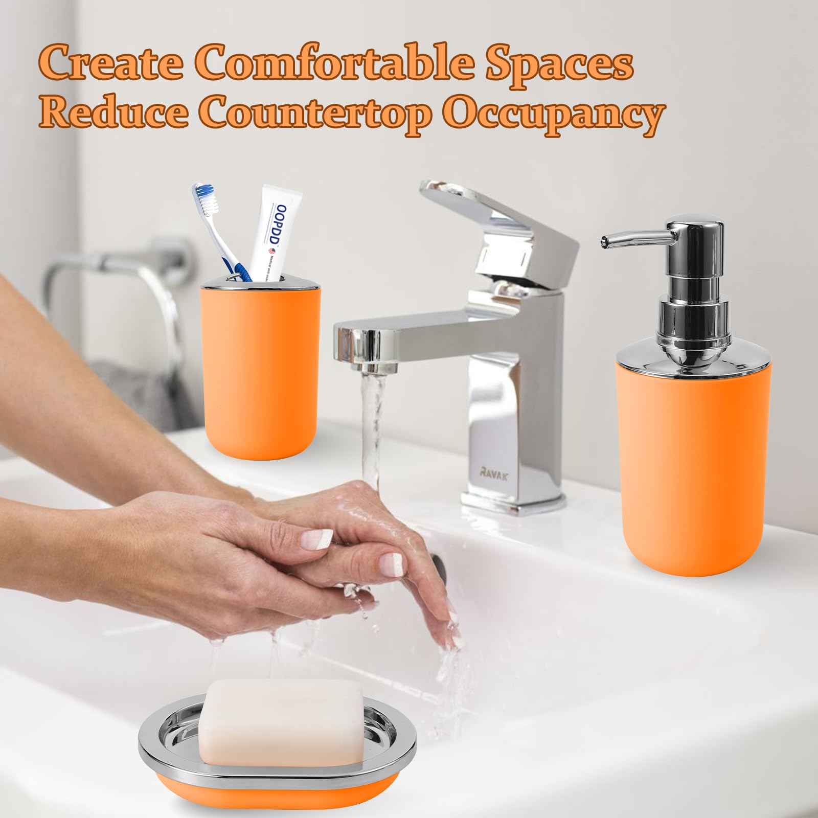 9 Pcs Orange Bathroom Accessories Set - Trash Can, Soap Dispenser, Soap Dish, Toilet Brush Holder, Toothbrush Holders, Tumbler,