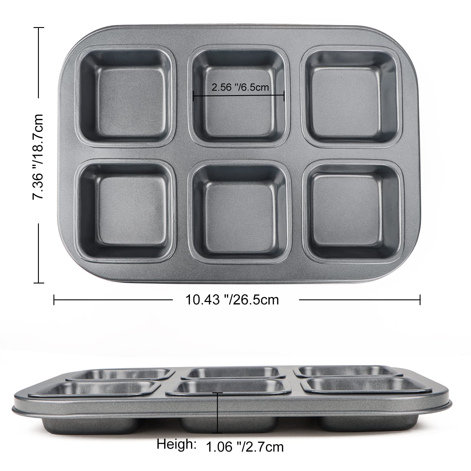 Beasea Square Brownie Pan, Nonstick 6 Cavity Muffin Pan Brownie Cake Pan Mini Cheesecake Cupcake Bakeware Carbon Steel Brownie B