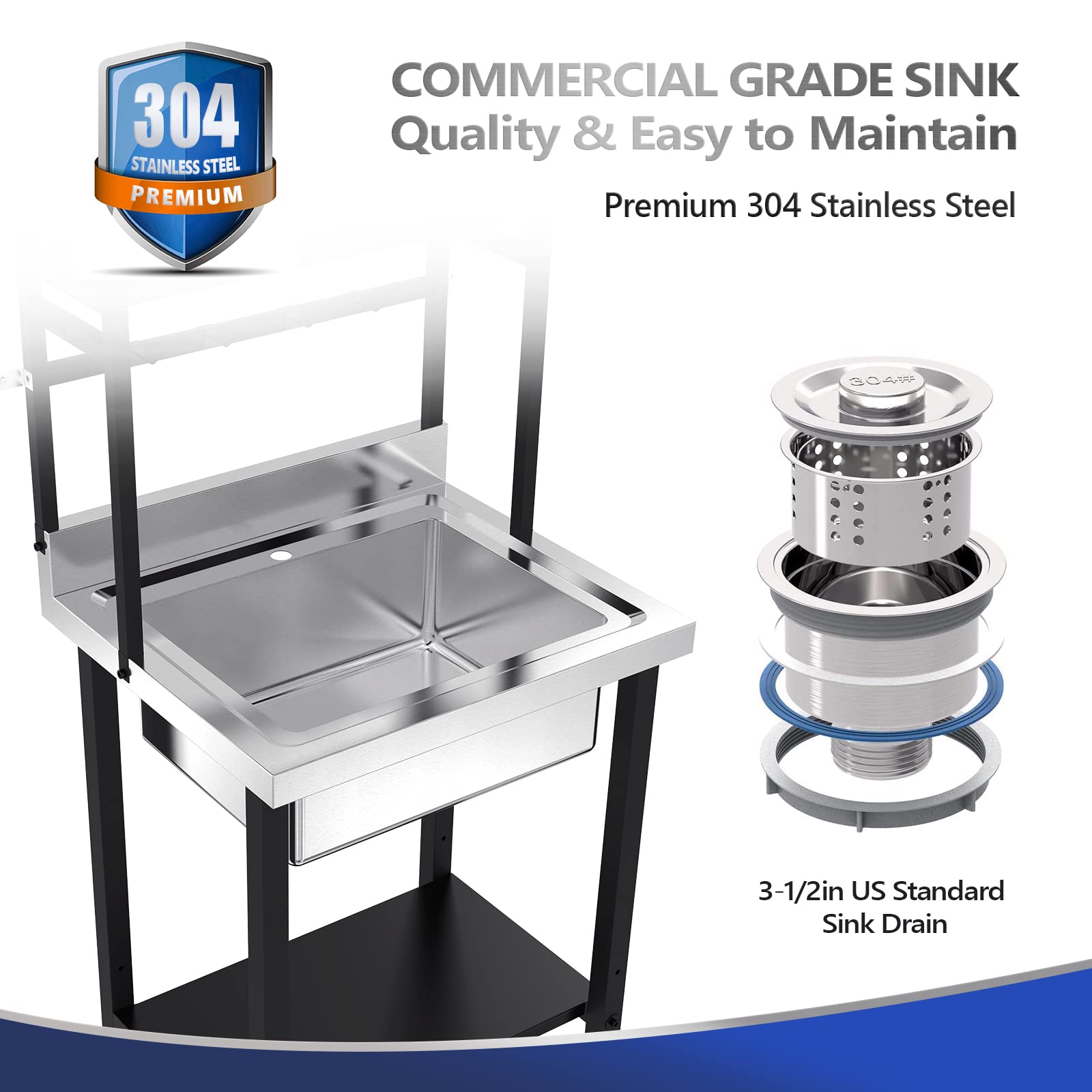 Vingli 67''H Commercial Sink 304 Stainless Steel Sink With Adjustable Shelves And Hanging Rod With Hooks, Freestanding Utility S