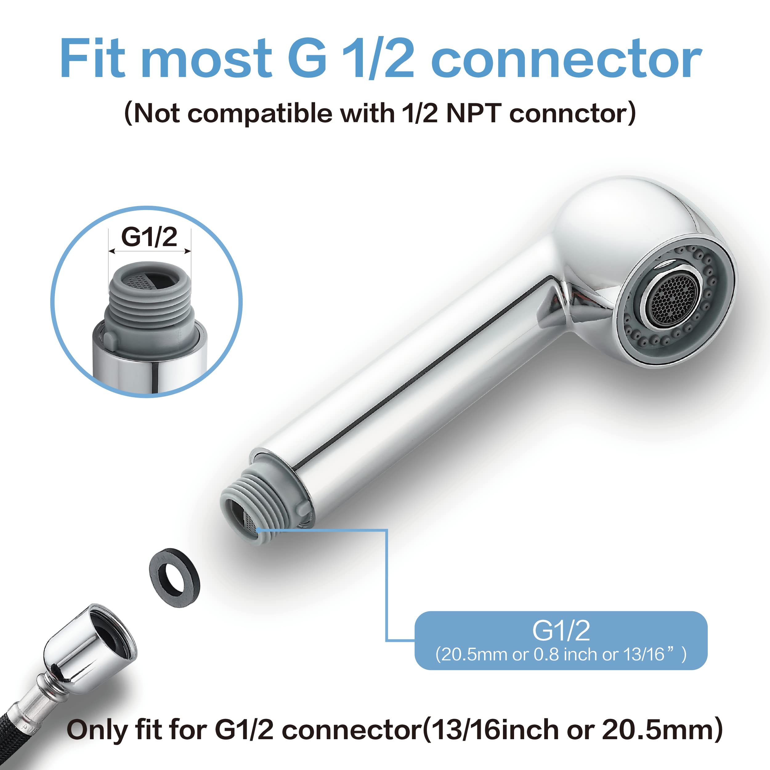 QUAN HUA Pull Out Sink Sprayer Head Replacement, Chrome 2-Function, G1/2 or 13/16 inch, ABS Material, Kitchen Faucet Sprout