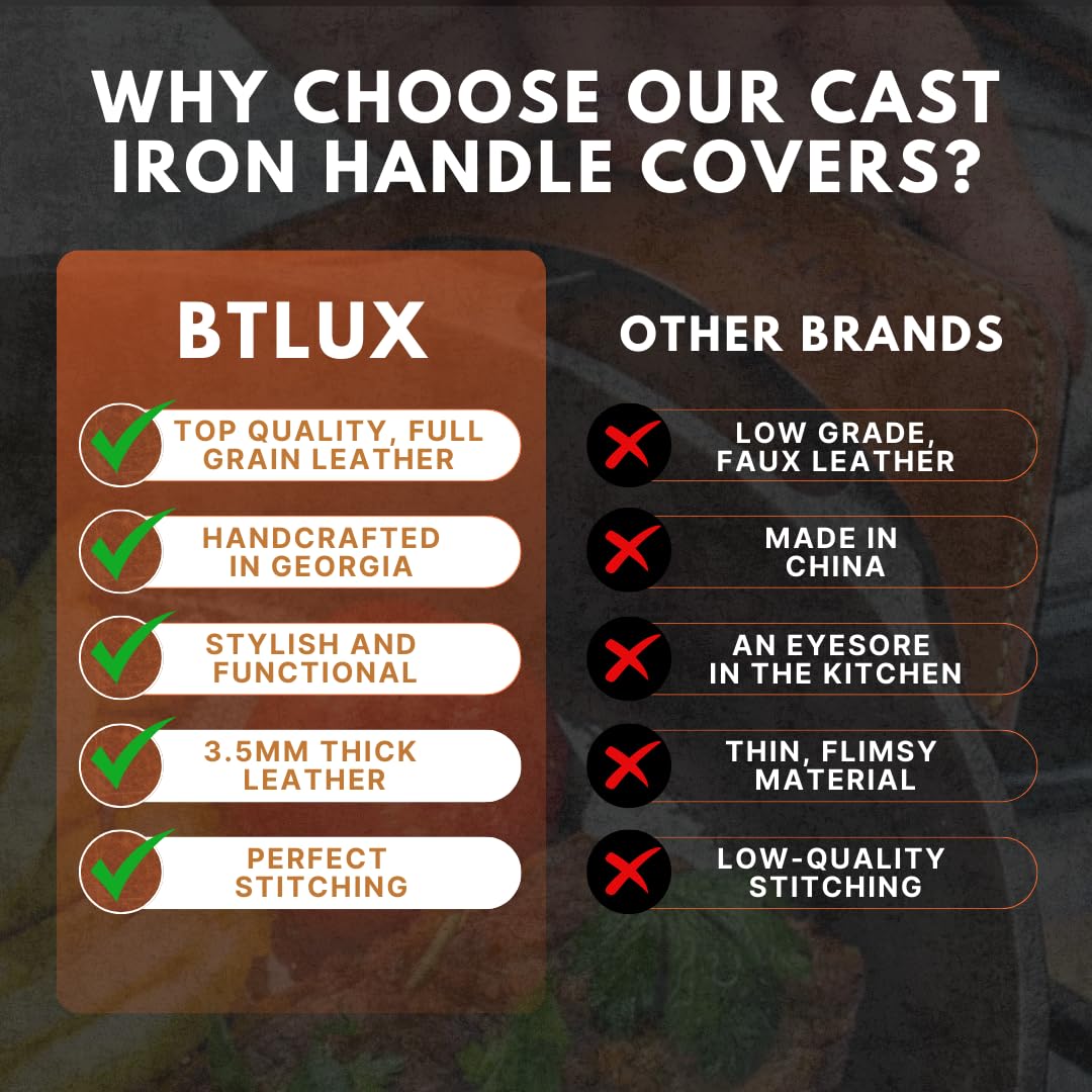Btlux Made In Georgia - Leather Cast Iron Handle Cover, Set Of 2 - Extra Thick Leather Heat Resistant Handle Sleeve For Cast Iro