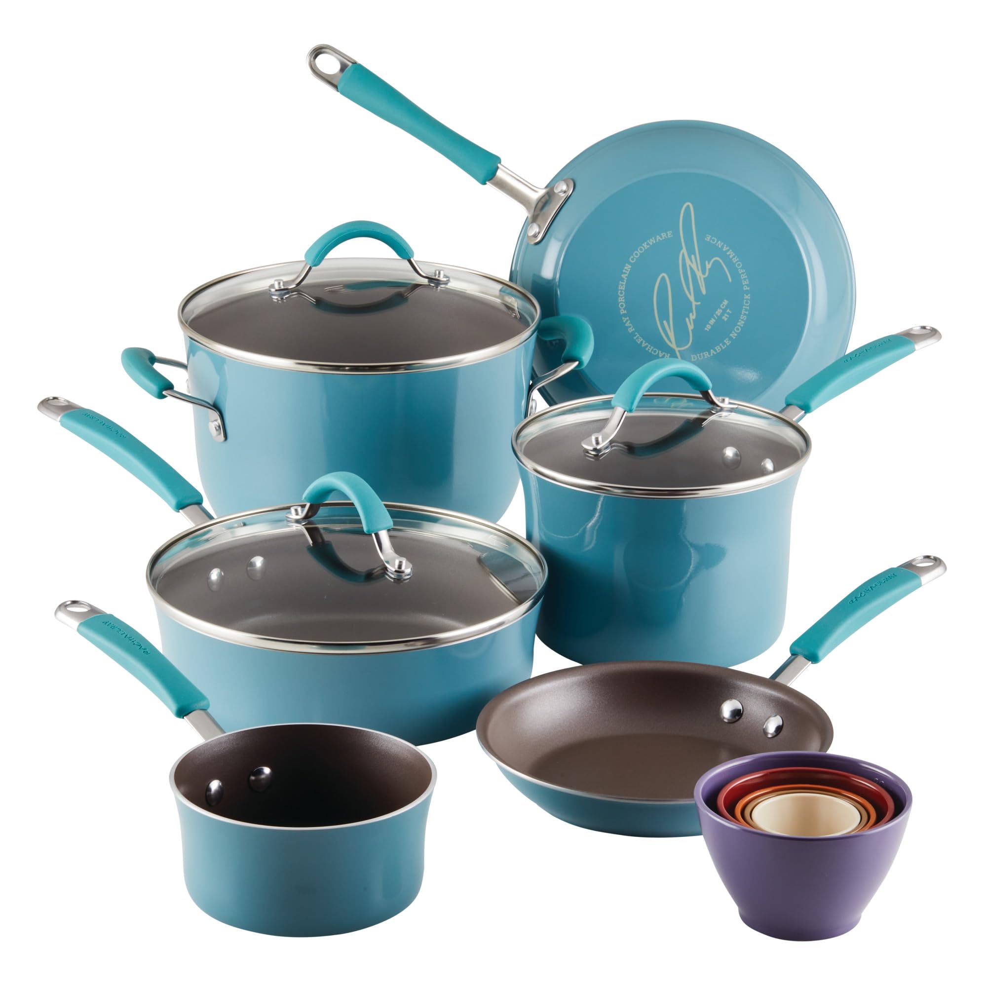 Rachael Ray Cucina Nonstick Cookware Pots and Pans Set, 14Piece, Agave Blue