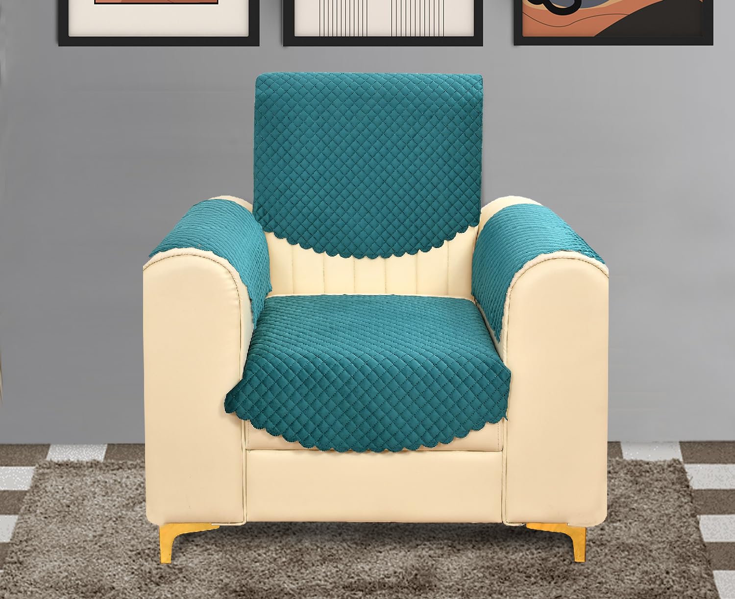 Yellow Weaves Velvet 1 Seater Self Design Quilted Sofa Chair Cover With Arm Cover, Seat & Back Cover, Color - Teal Blue