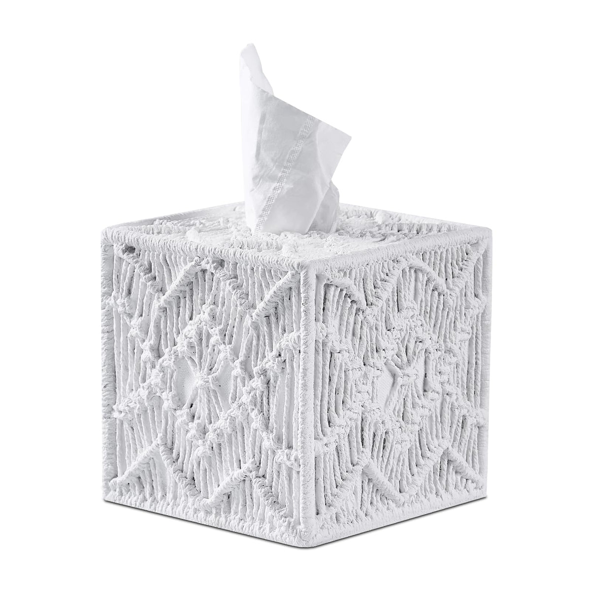 Boho Tissue Box Cover Macrame Square For Home Decor,Resin Heavy Woven Tissue Box Holder For Bathroom Countertop,Bedroom, Living