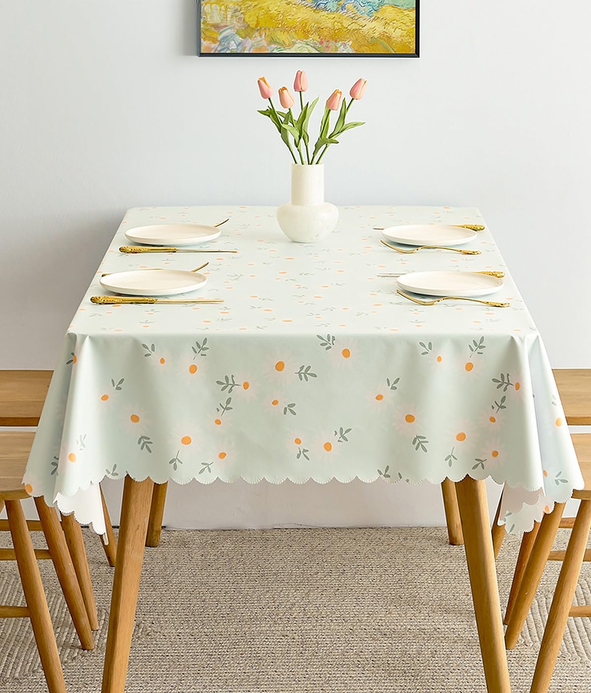 Wolpin Polyvinyl Chloride Pvc Dining Rectangular Table Cover & 4 Seater Center Table Cloth - Green Daisy Flower Print Oil Proof,