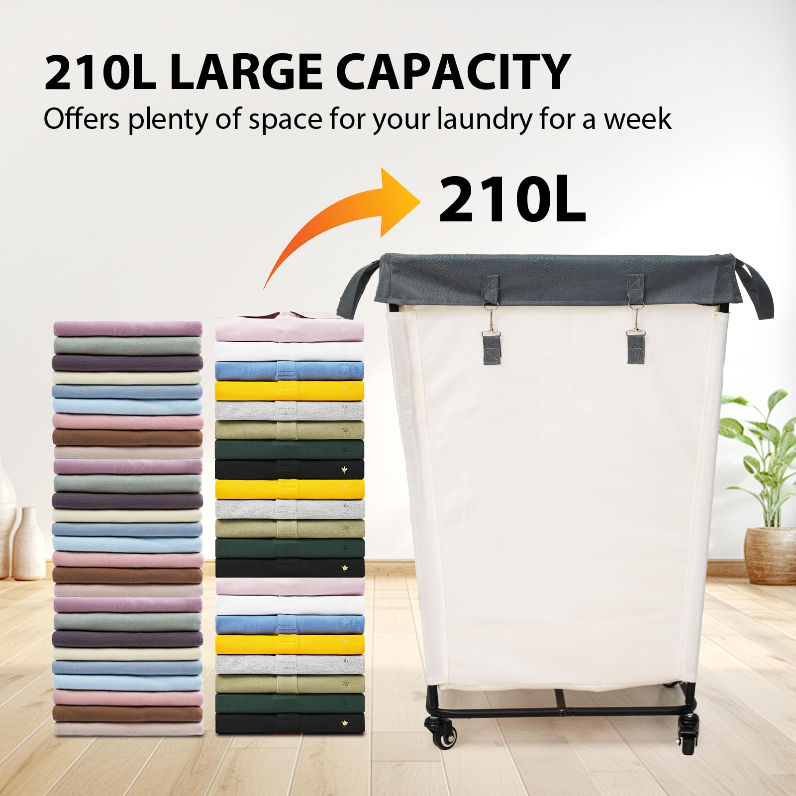 55 Gallons Laundry Basket With Wheels,Rolling Laundry Hamper, 210L Extra Large Laundry Basket, Dirty Clothes Hamper With Removab