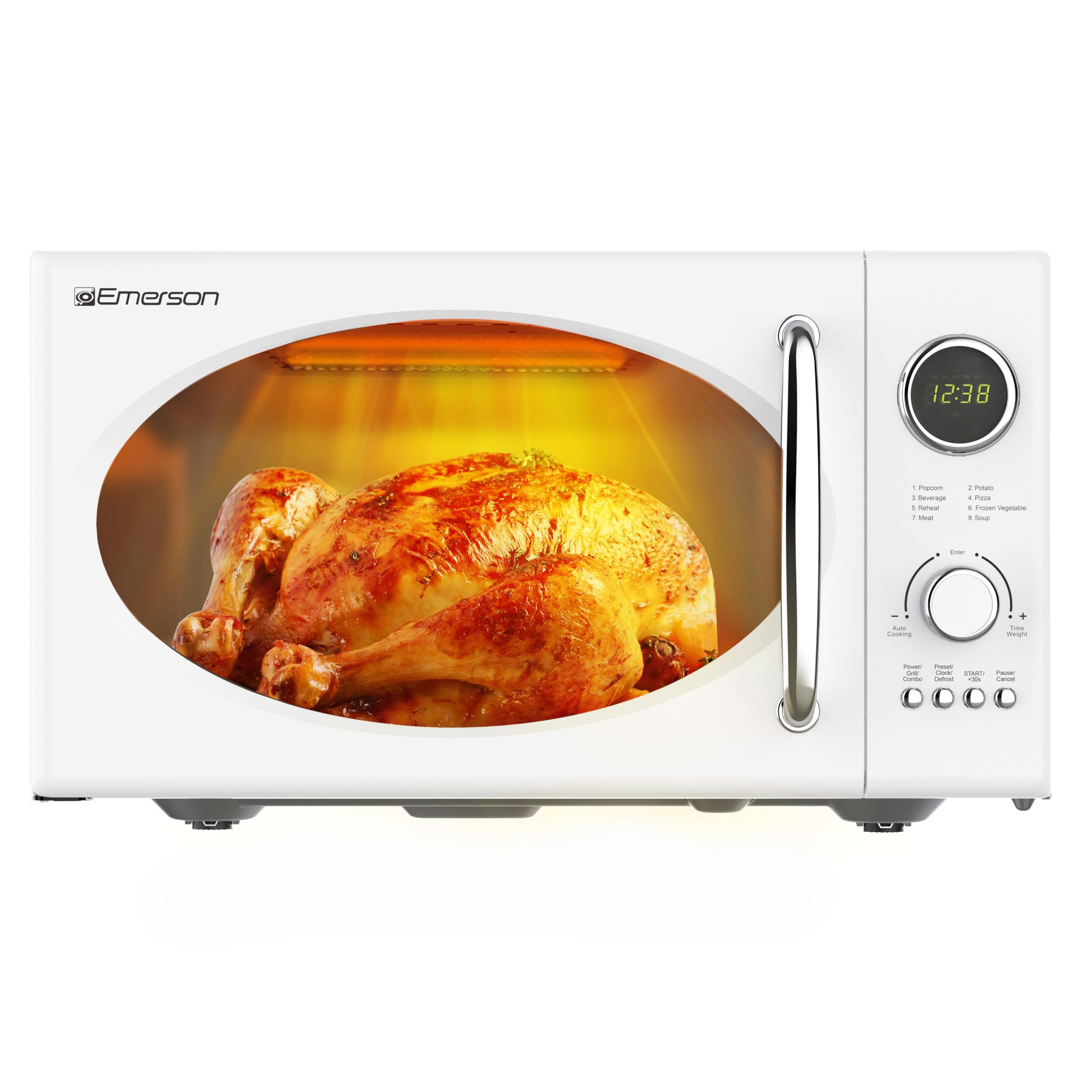 Emerson MWRG0901W Retro Microwave with 1,000W Grill Function 800W Cooking, LED Display, 5 Power Levels, 8 Auto Menus, Glass Turn