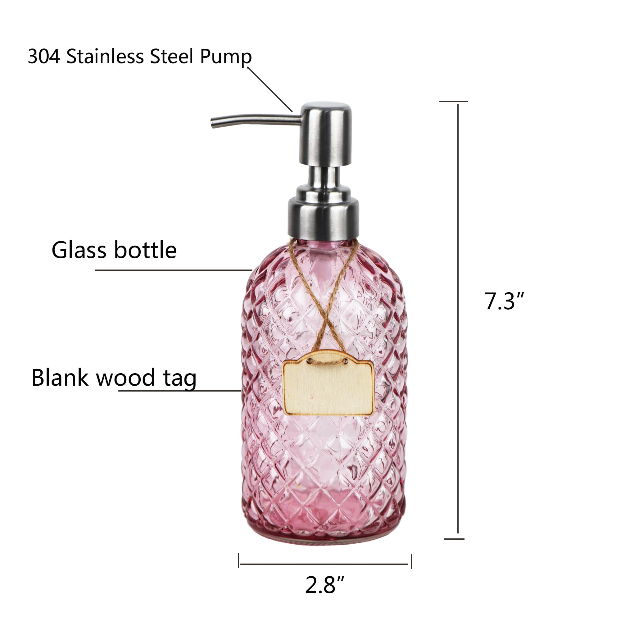 Bathroom & Kitchen Glass Hand And Dish Soap Dispenser With 304 Rustproof Stainless Steel Pump (Pink)
