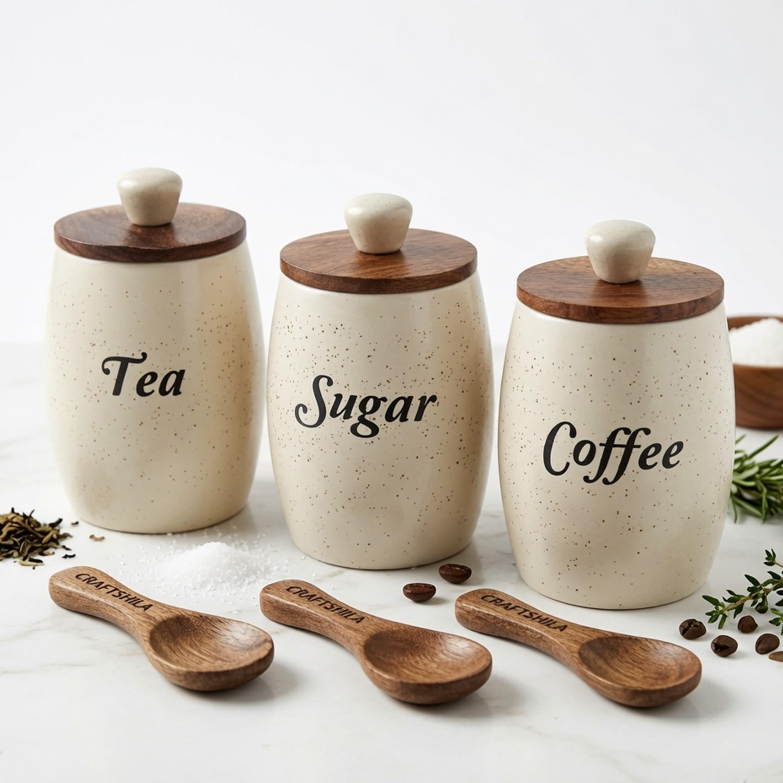 Craftshila Ceramic Tea Coffee Sugar Containers Set Of 3 With Wooden Spoons & Lids | Jar & Container For Kitchen Storage Set | Mu