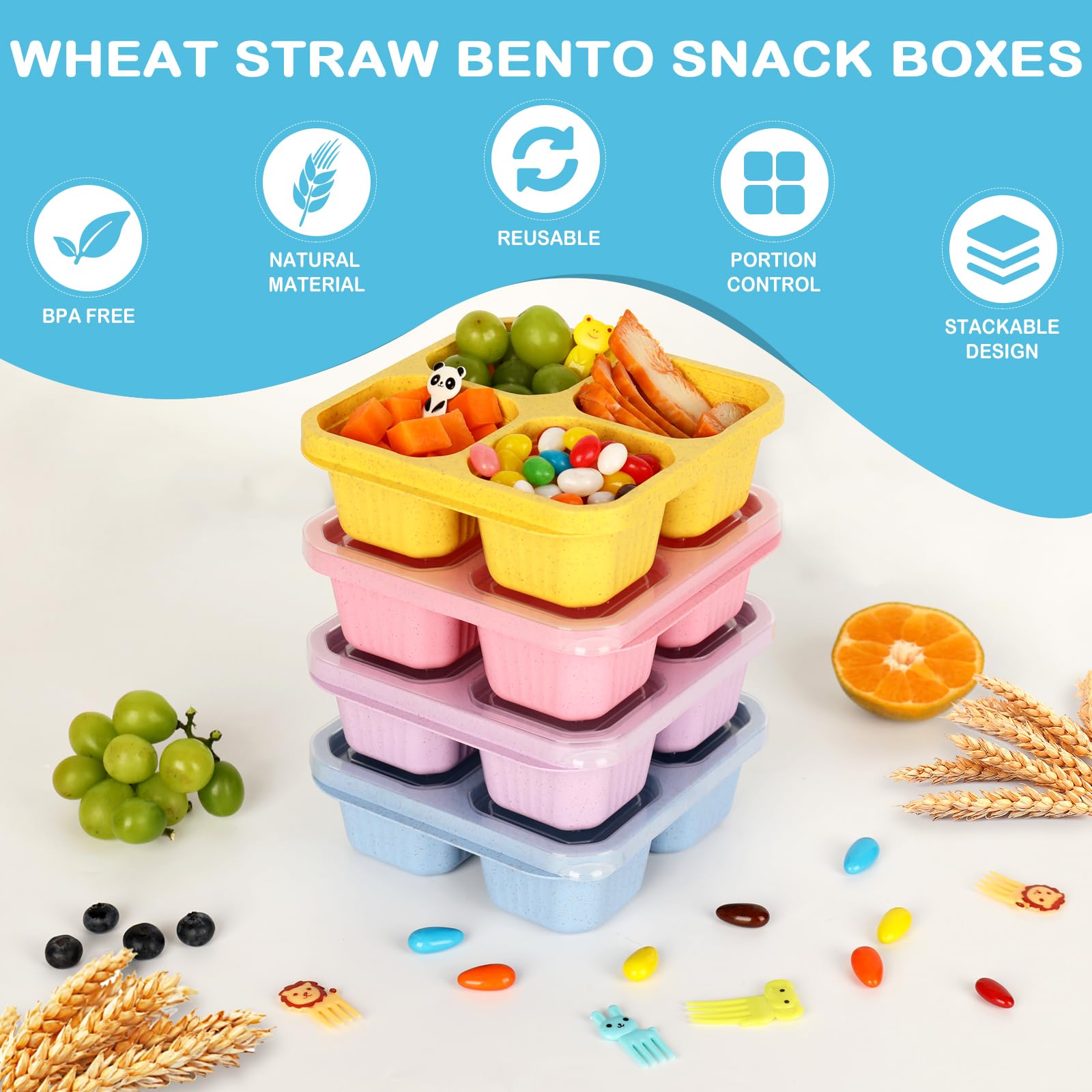 6 Pack Snack Containers, 4 Compartment Divided Snack Container For Kids, Bento Snack Box For Adults, Reusable Meal Prep Lunch Co