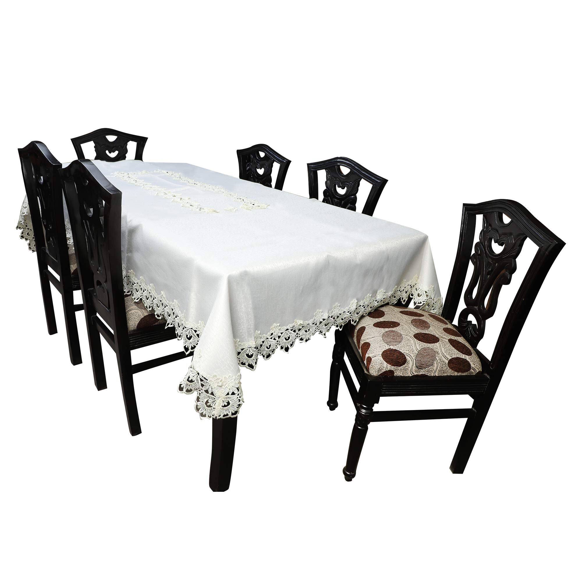 MONKDECOR Cut Work Designer Plain Lace 6 Seater Dining Table Cover (Size60x90 Inches) Cream