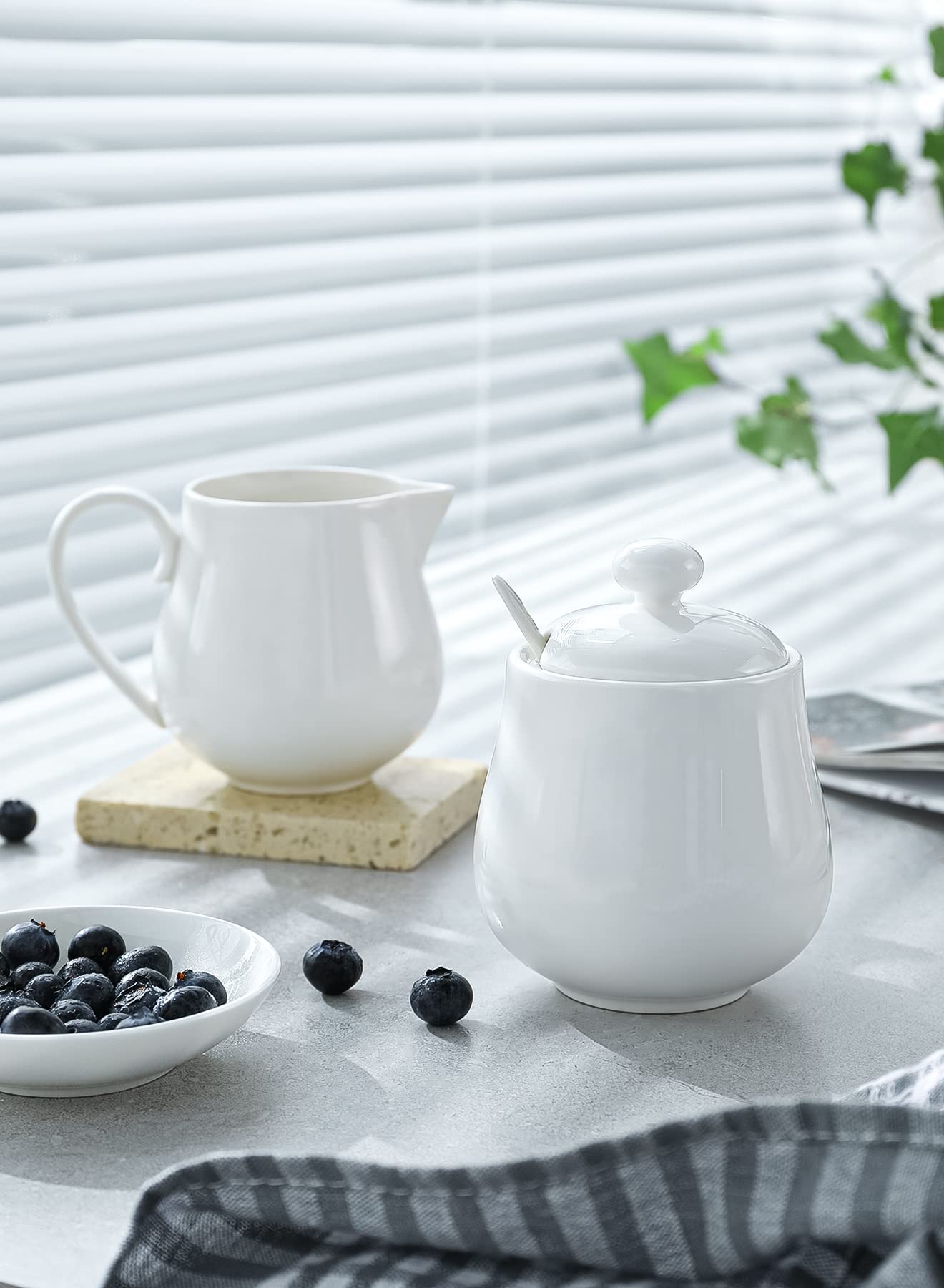 Sweese 12 Ounce Porcelain Sugar And Creamer Set, Coffee Serving Set, 3 Piece With Cream Pitcher, Sugar Bowl With Lid And Spoon,