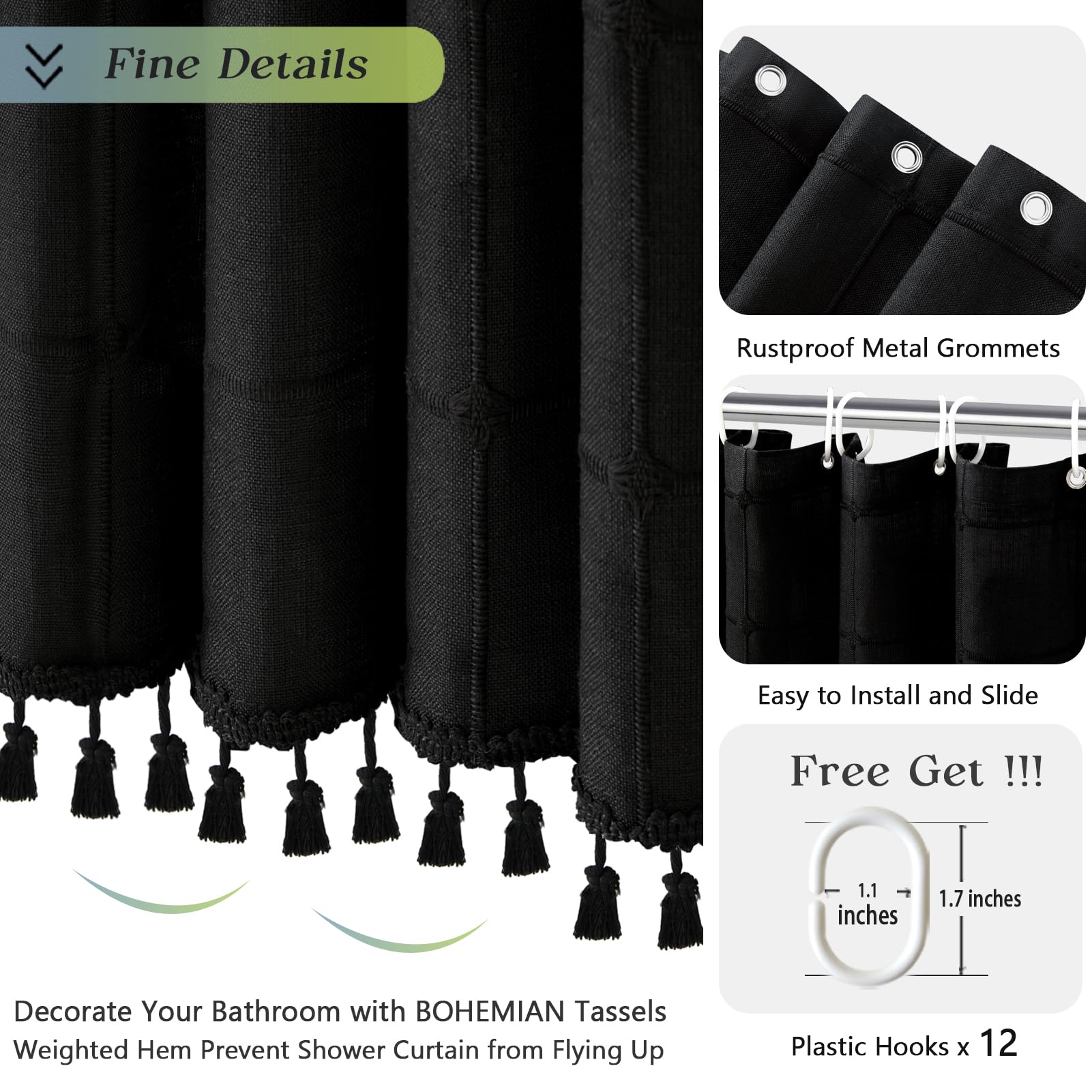 Extra Long Boho 84 Inch Shower Curtain Black Fabric With Tassels, Linen Rustic Heavy Duty Cloth Shower Curtain Set With Hooks, T