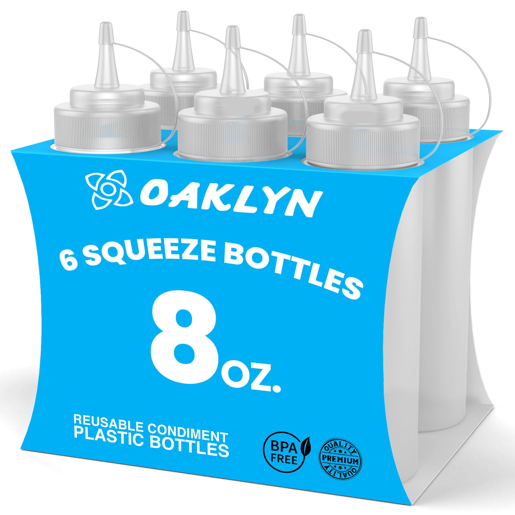 Oaklyn (6pk 8 oz Plastic Squirt condiment Squeeze Bottles with Twist On cap Lids - Top Mayo Hot Sauces Olive Oil Ketchup Mustard Dispensers - Bulk clear BPA Free BBQ condiment Set