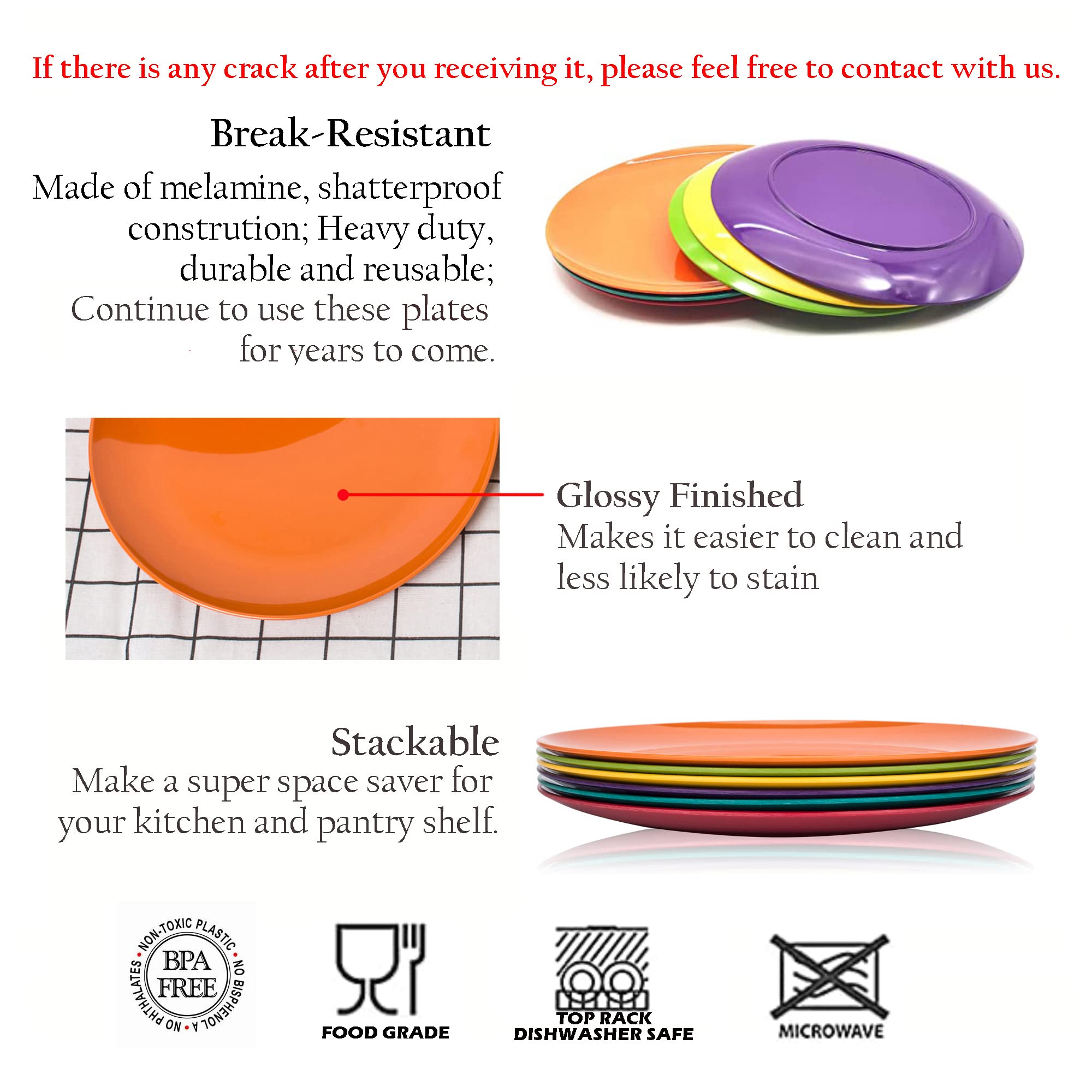 KOXIN-KARLU Melamine Dinner Plates Set of 6, 10.5-inch, Multicolor, BPA Free, Dishwasher Safe, Model JJM05