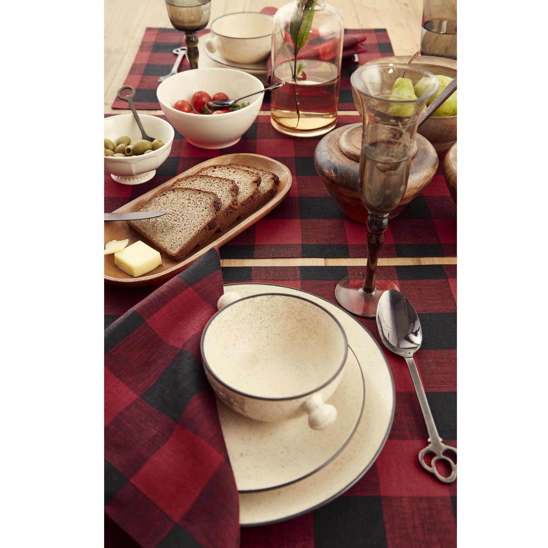 Solino Home Buffalo Check Linen Placemats 19'' L X 14'' W Inch - 100% Pure Linen Red And Black Plaid Cloth Placemats Set Of 4 -