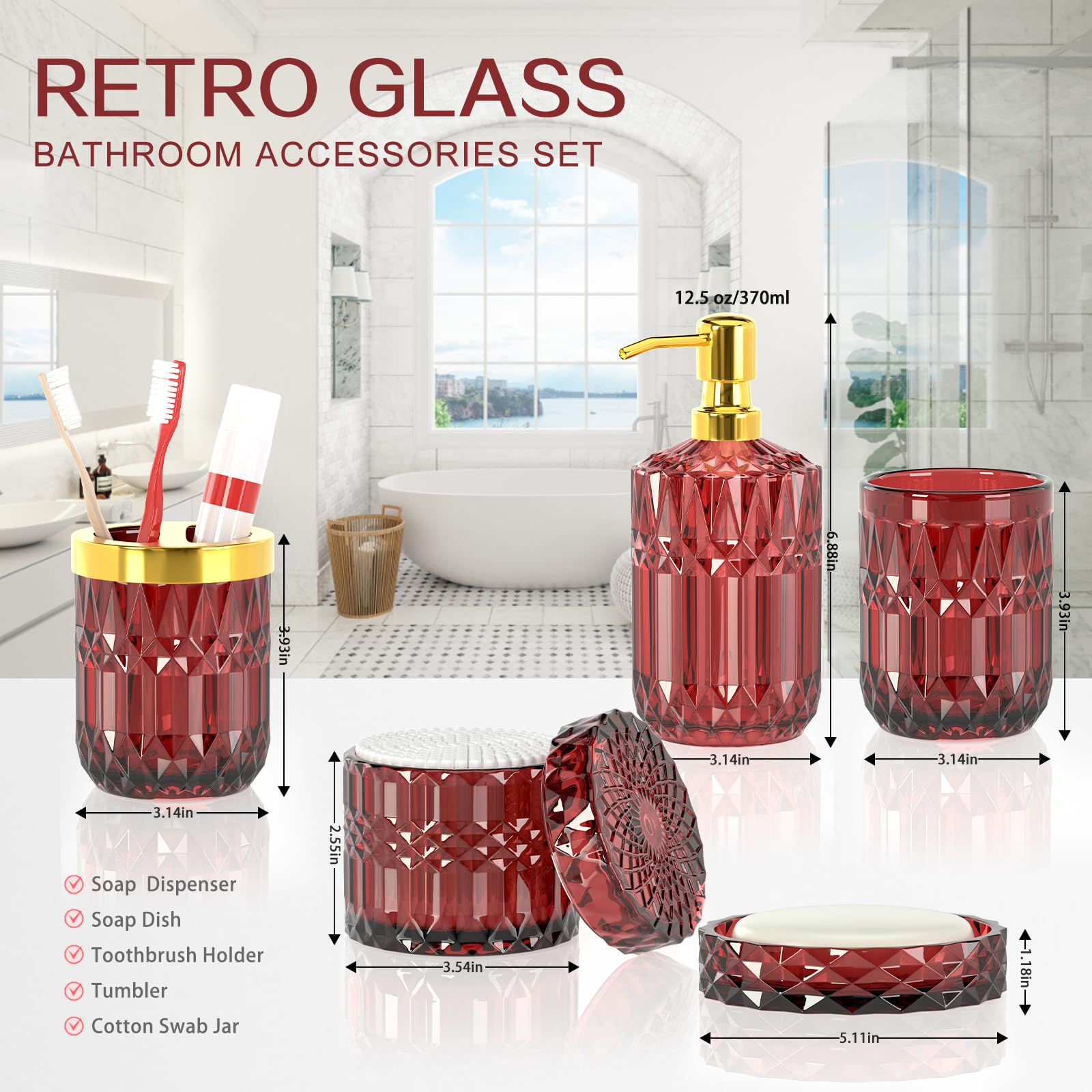 5Pcs Bathroom Accessories Set, Glass Soap Dispenser Set With Rust Proof Stainless Steel Pump, Soap Holder, Toothbrush Holder, Tu