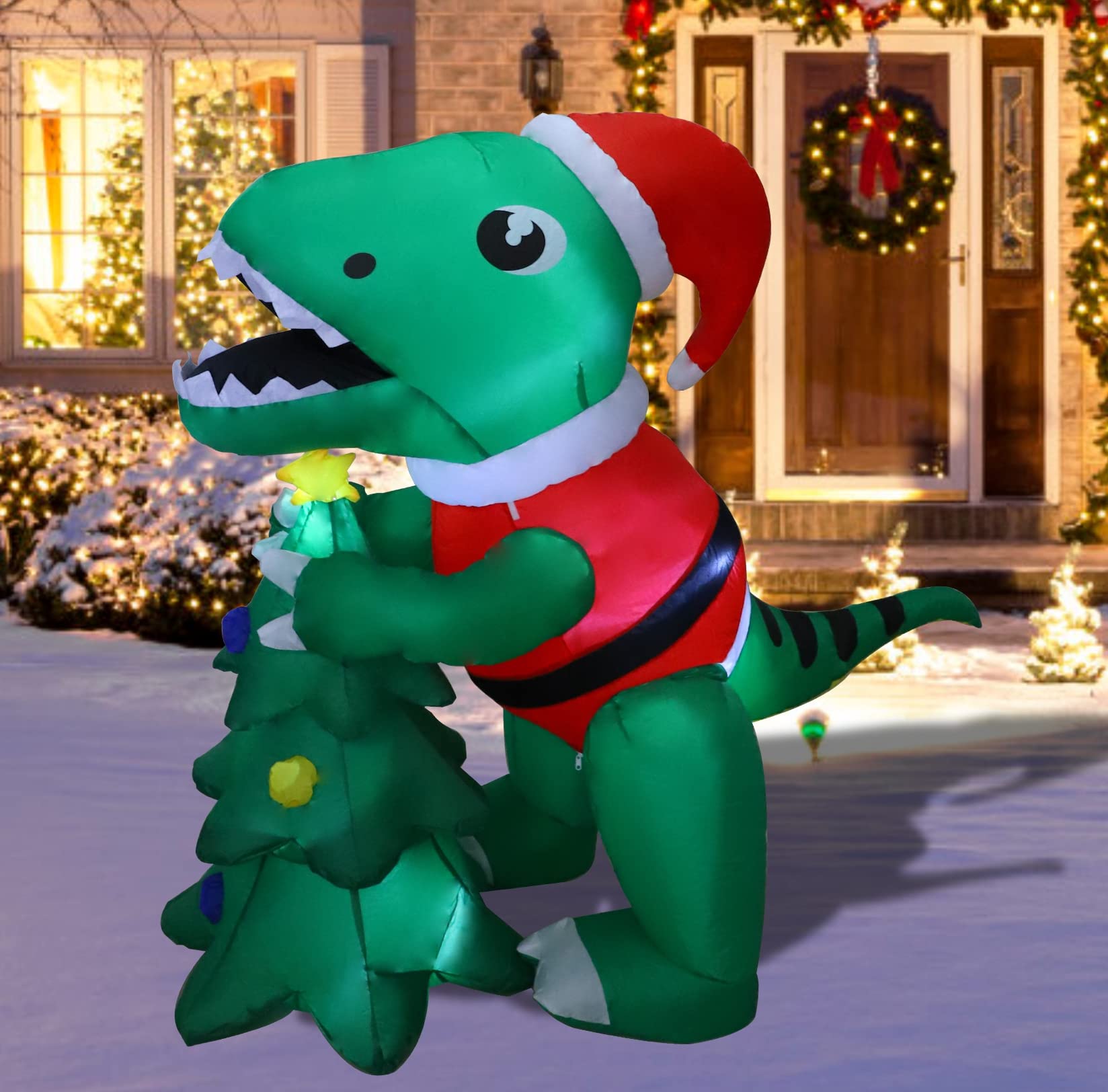 MorTime 5 FT Christmas Inflatable Dinosaur with Gift Box, Blow up Yard Prop Lighted Animated Green Dinosaur Wearing Christmas Ha