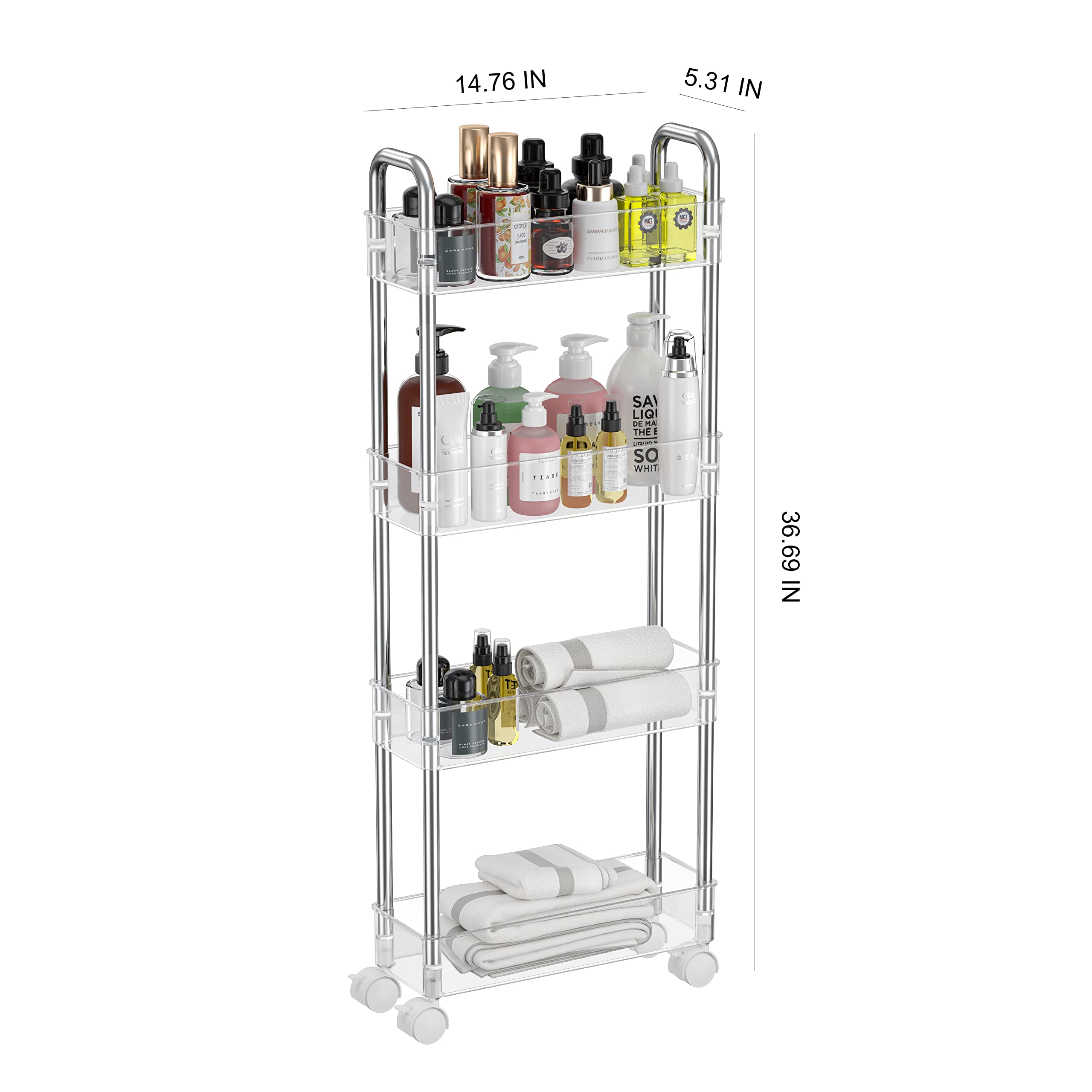 Tesoin Under Sink Organizers And Storage,4 Tier Clear Movable Slim Rolling Storage Cart Bathroom Organizer Under Cabinet Storage