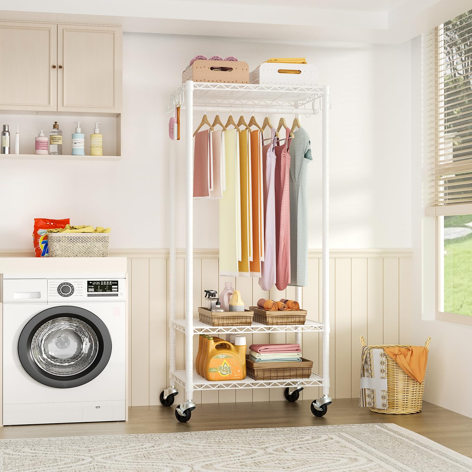 Futassi P6 Rolling Clothes Rack Heavy Duty, Clothing Racks For Hanging Clothes, Freestanding Garment Rack With Wheels, Portable