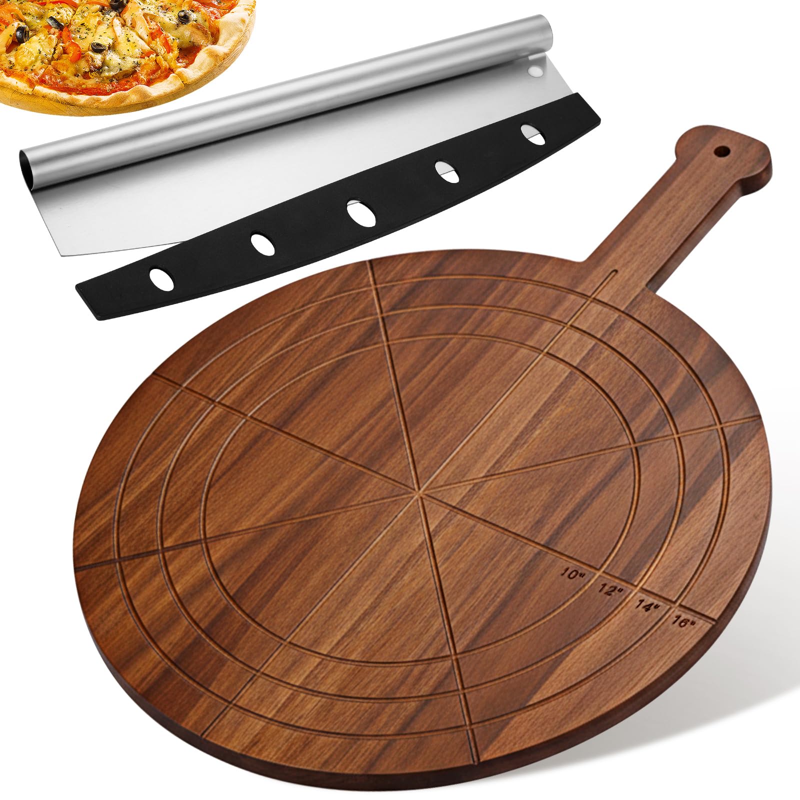 Pickmesh Pizza Cutter and Round Pizza Board Gift Set 16 Inch Paddle Cutting Board with Handle Stainless Steel Food Slicer Acacia