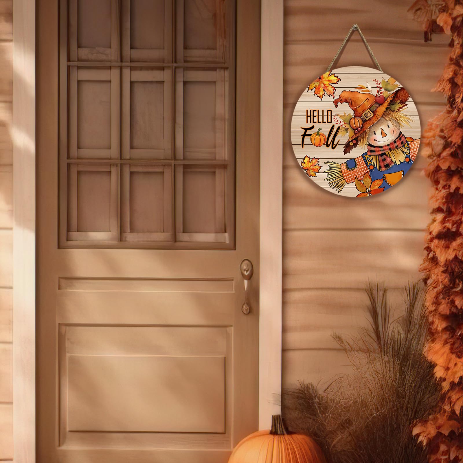 Dacawin Hello Fall Autumn Scarecrow Door Sign for Porch Pumpkins Maple Leaf Wood Hangers Farmhouse Door Sign for Front Door Deco